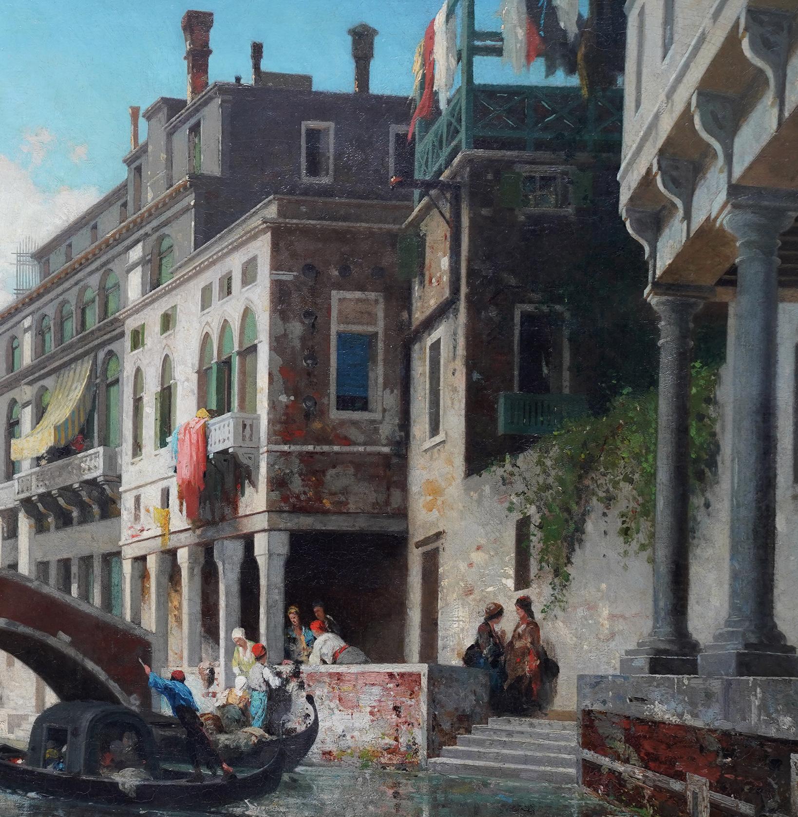 Gondolas on a Venetian Canal - French Victorian art oil painting Venice Italy For Sale 3