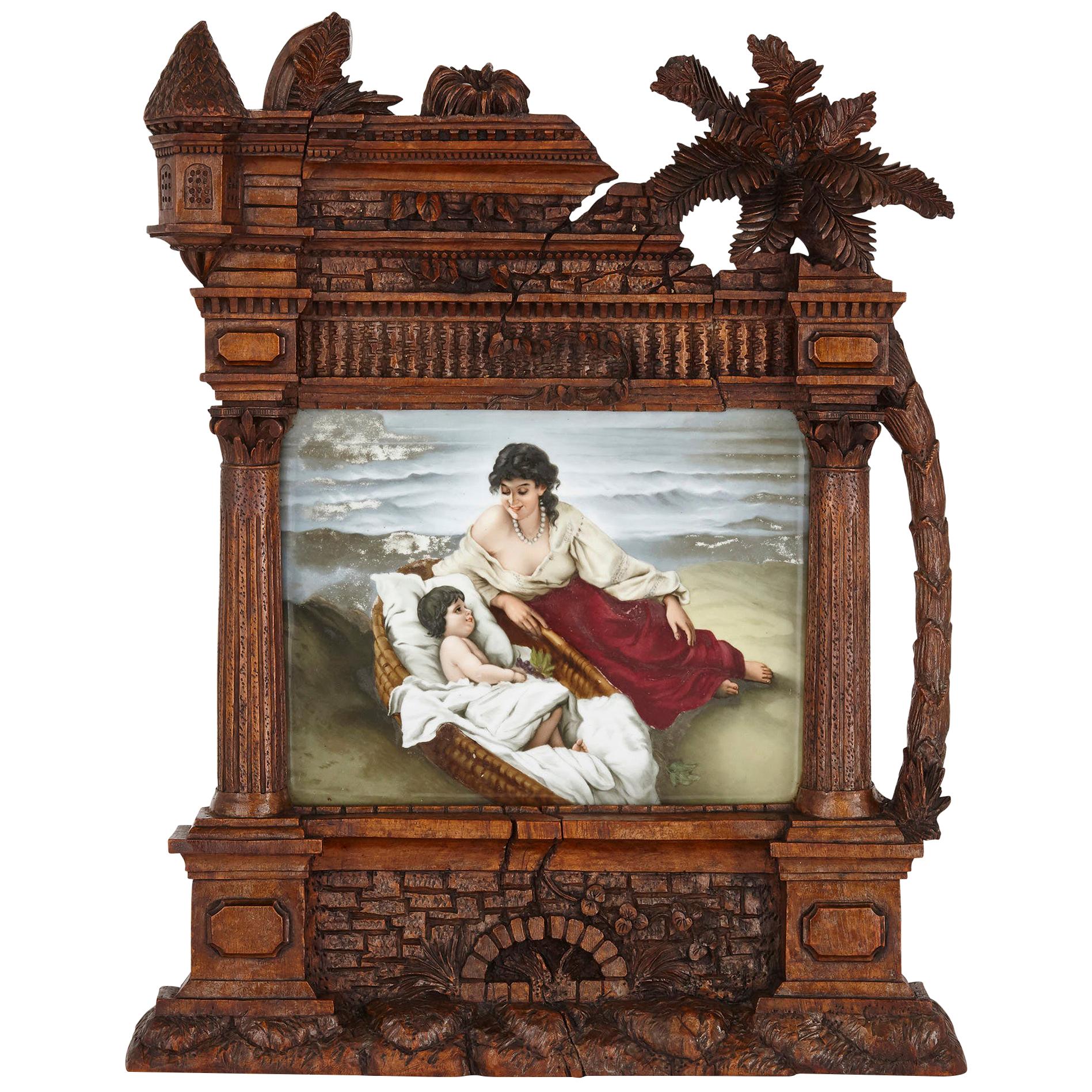 Germain Porcelain Plaque in Ornate Carved Black Forest Frame