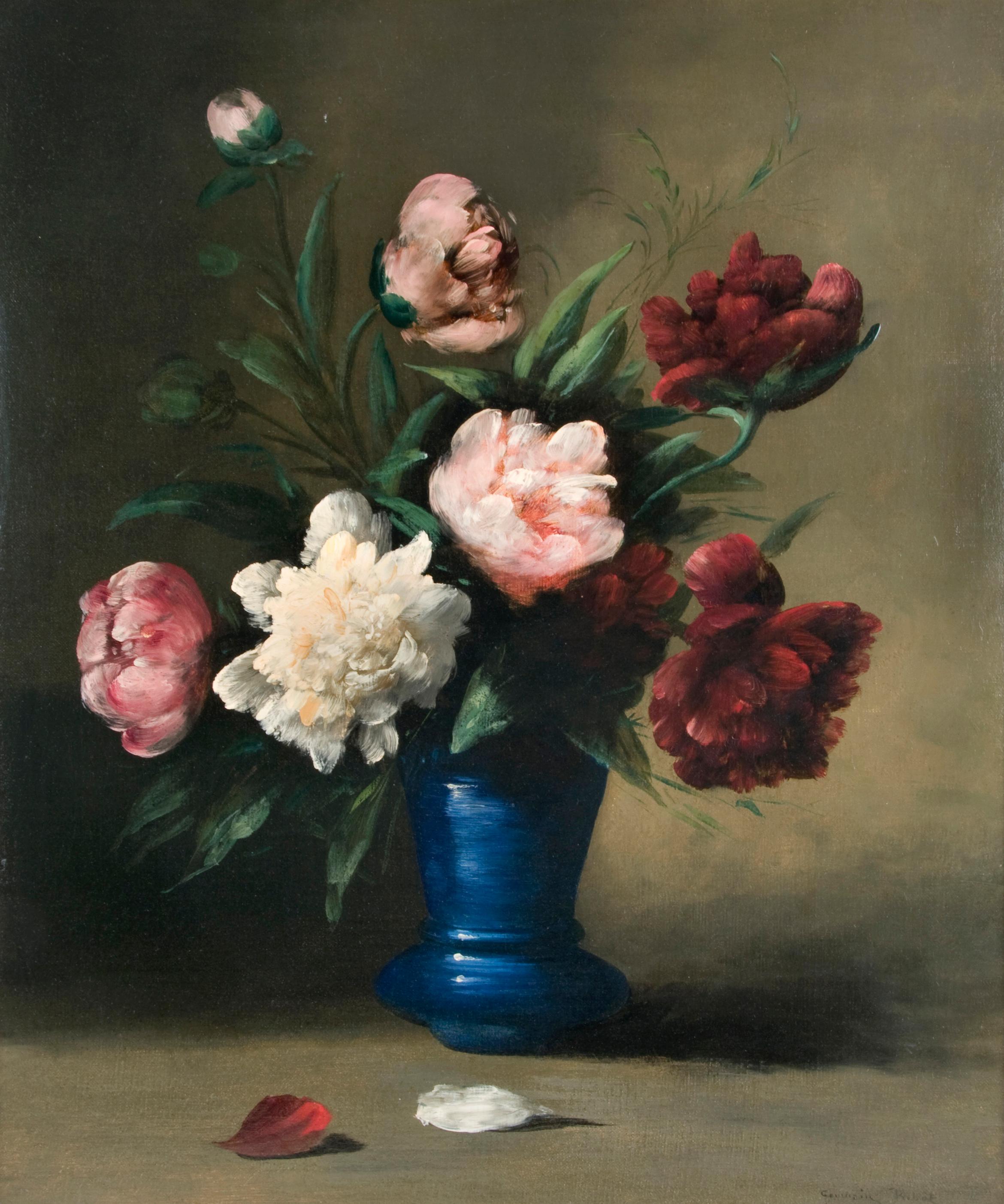 Germain Theodore Ribot Still-Life Painting - Peonies in a Blue Vase