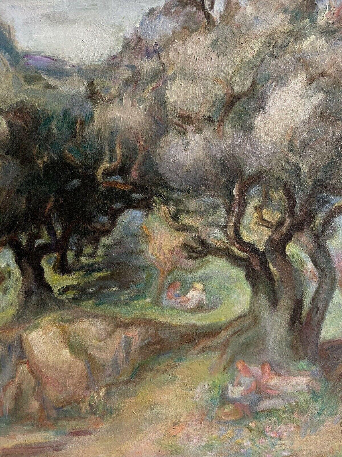 Huile post-impressionniste française du milieu du 20e siècle, Olive Groves in Provence, signée - Marron Figurative Painting par Germaine Bodin
