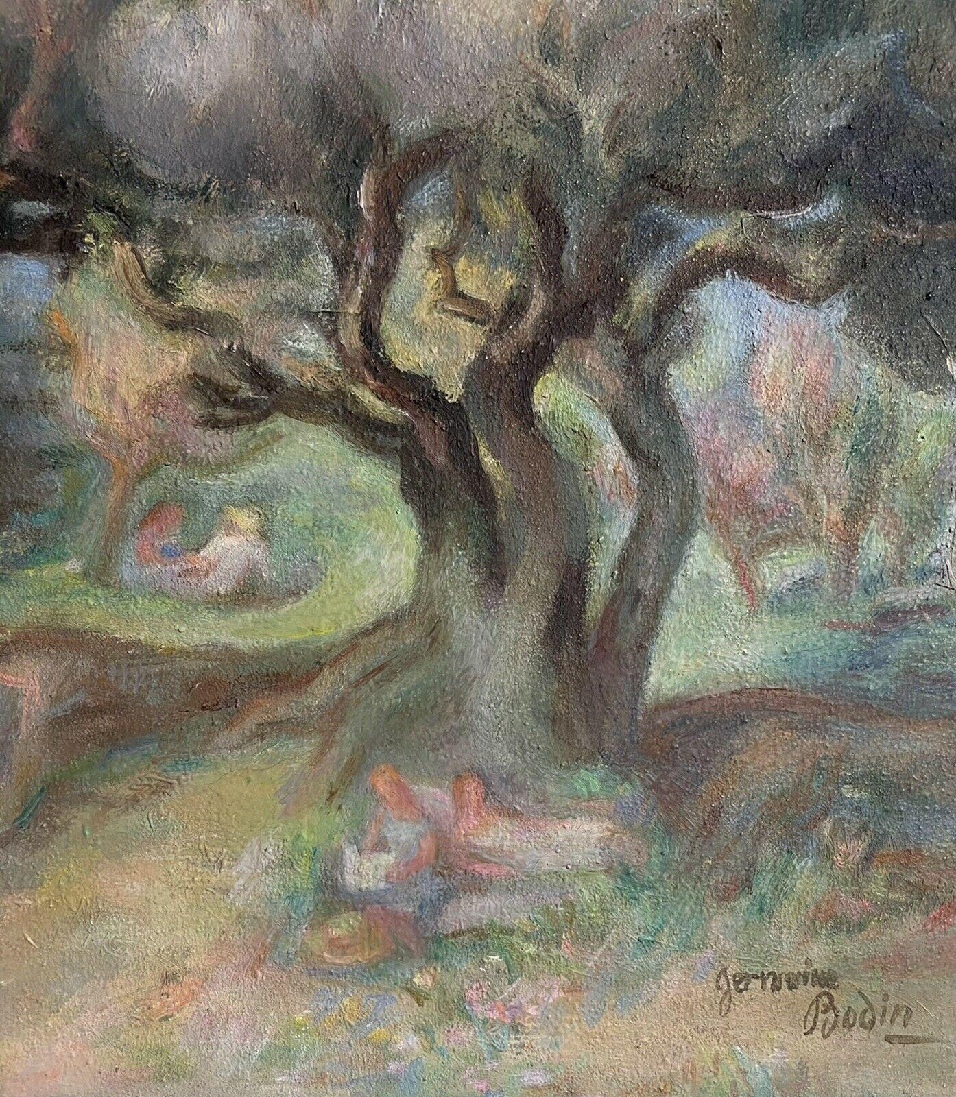 Artiste/École : Germaine Bodin (France, milieu du XXe siècle), signé dans le coin inférieur

Titre : Les oliveraies en Provence

Médium : peinture à l'huile sur toile, non encadrée, signée.

toile :  15 x 21.75 pouces

Provenance : collection