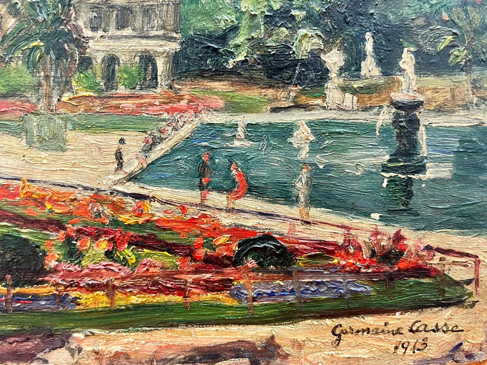 Jardins Luxembourg Paris 1940's Impressionista francese firmato Olio Fiori Parco - Painting di Germaine Casse