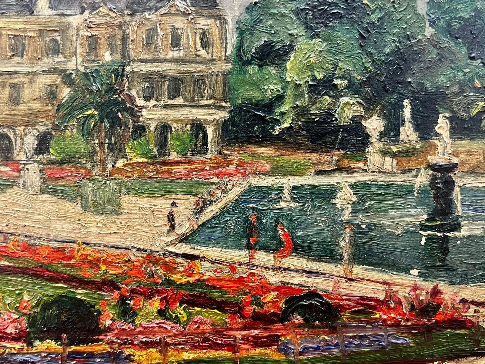 Jardins Luxembourg Paris 1940's Impressionista francese firmato Olio Fiori Parco - Painting Impressionismo di Germaine Casse