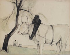 Idyllische Landschaft mit Ochse und Figuren, Gouache auf Papier, CIRCA 1930