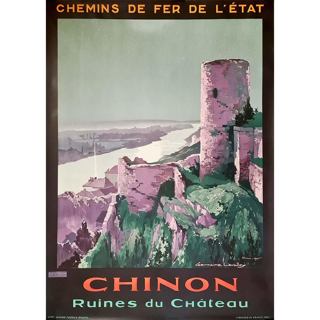 Beautiful original 1927 poster for the state railroad. The poster features an image of the ruins of Chinon castle, the brick of a deep purple in the dark night light. Chinon Castle is a castle located on the bank of the Vienne River in Chinon,