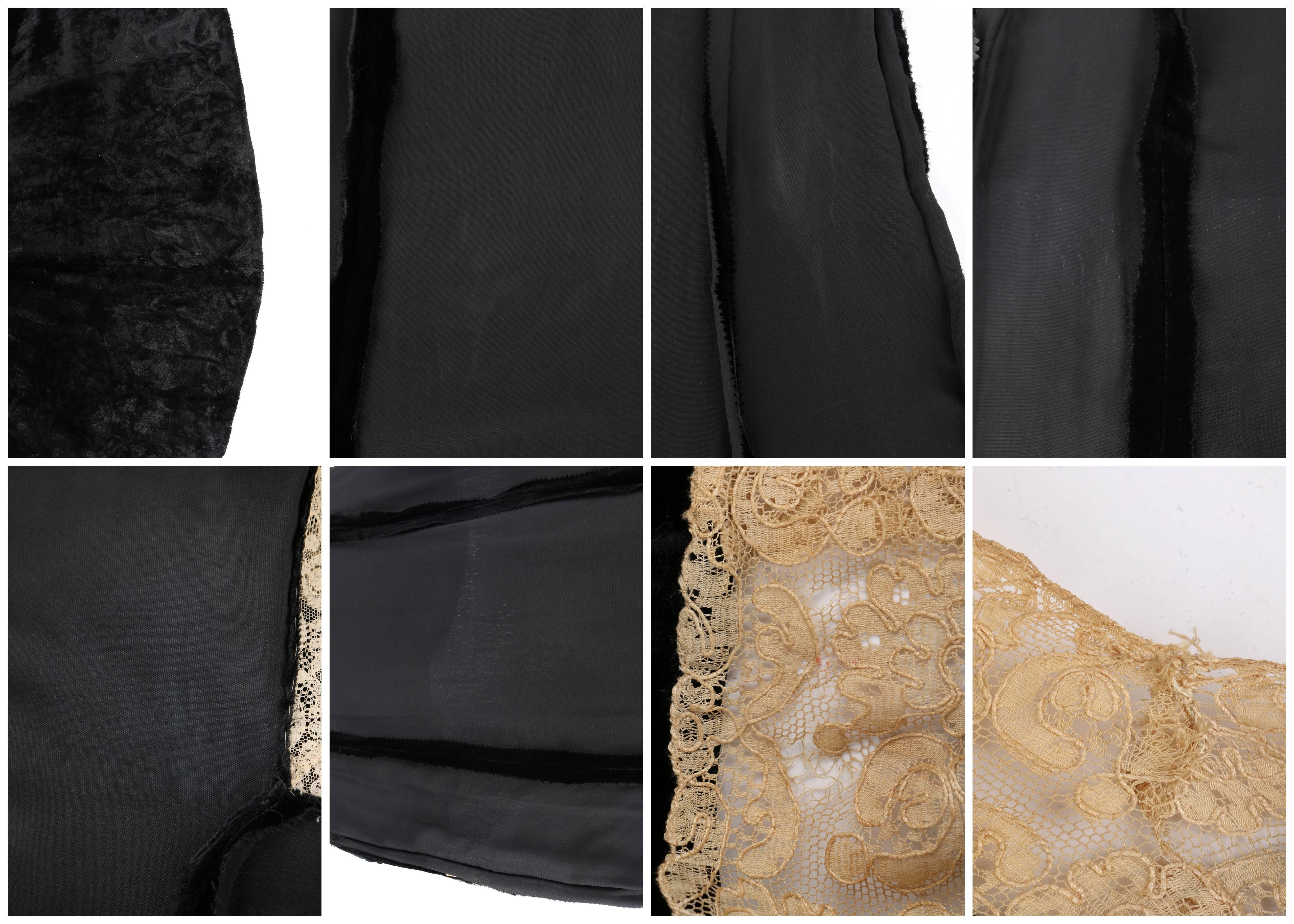 GERMAINE MONTEIL c.1930s Black Silk Velvet Belted Floral Lace Evening Dress Gown For Sale 3