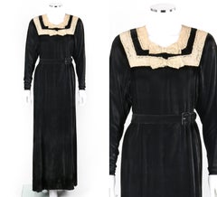 GERMAINE MONTEIL c.1930s Black Silk Velvet Belted Floral Lace Evening Dress Gown