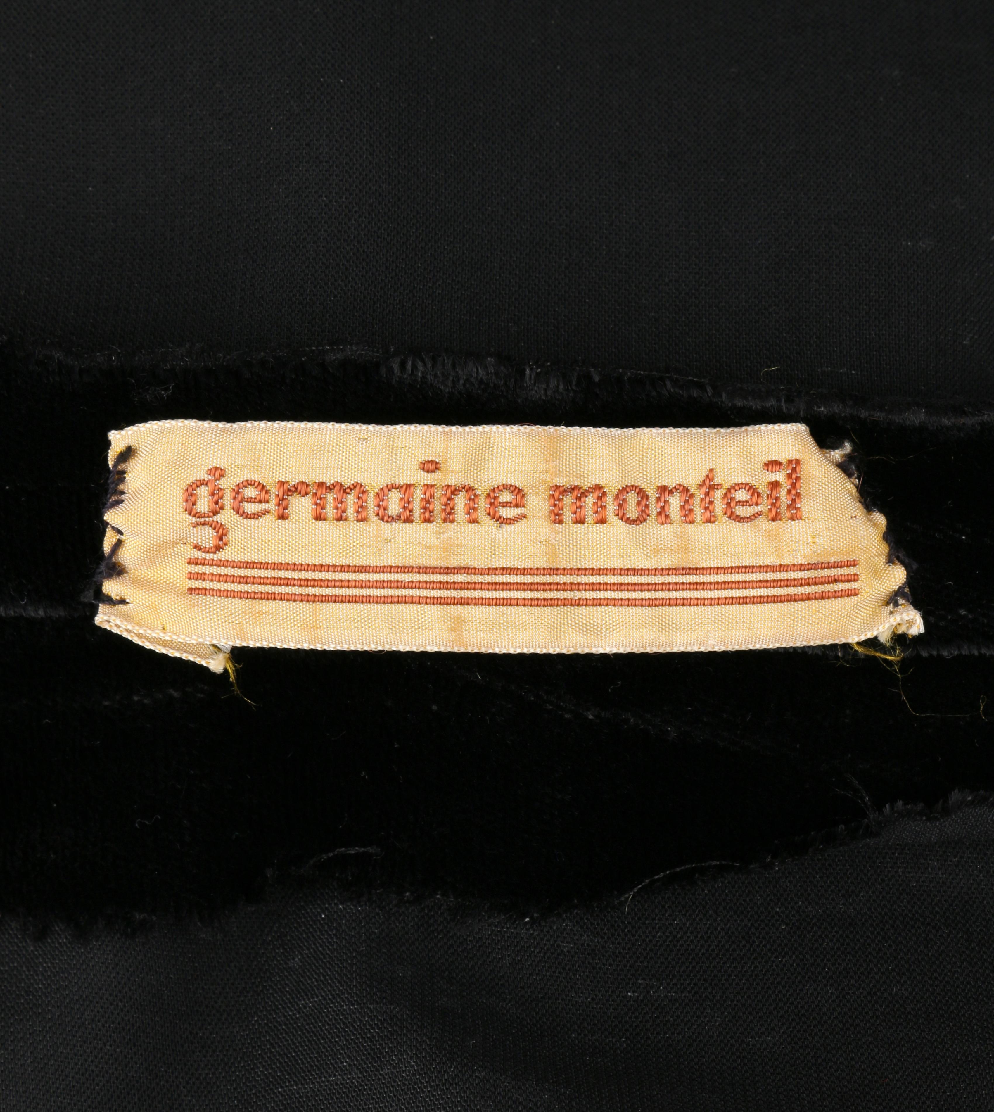 GERMAINE MONTEIL c.1930s Schwarzes Abendkleid aus Seidensamt mit Gürtel und floraler Spitze  im Angebot 4