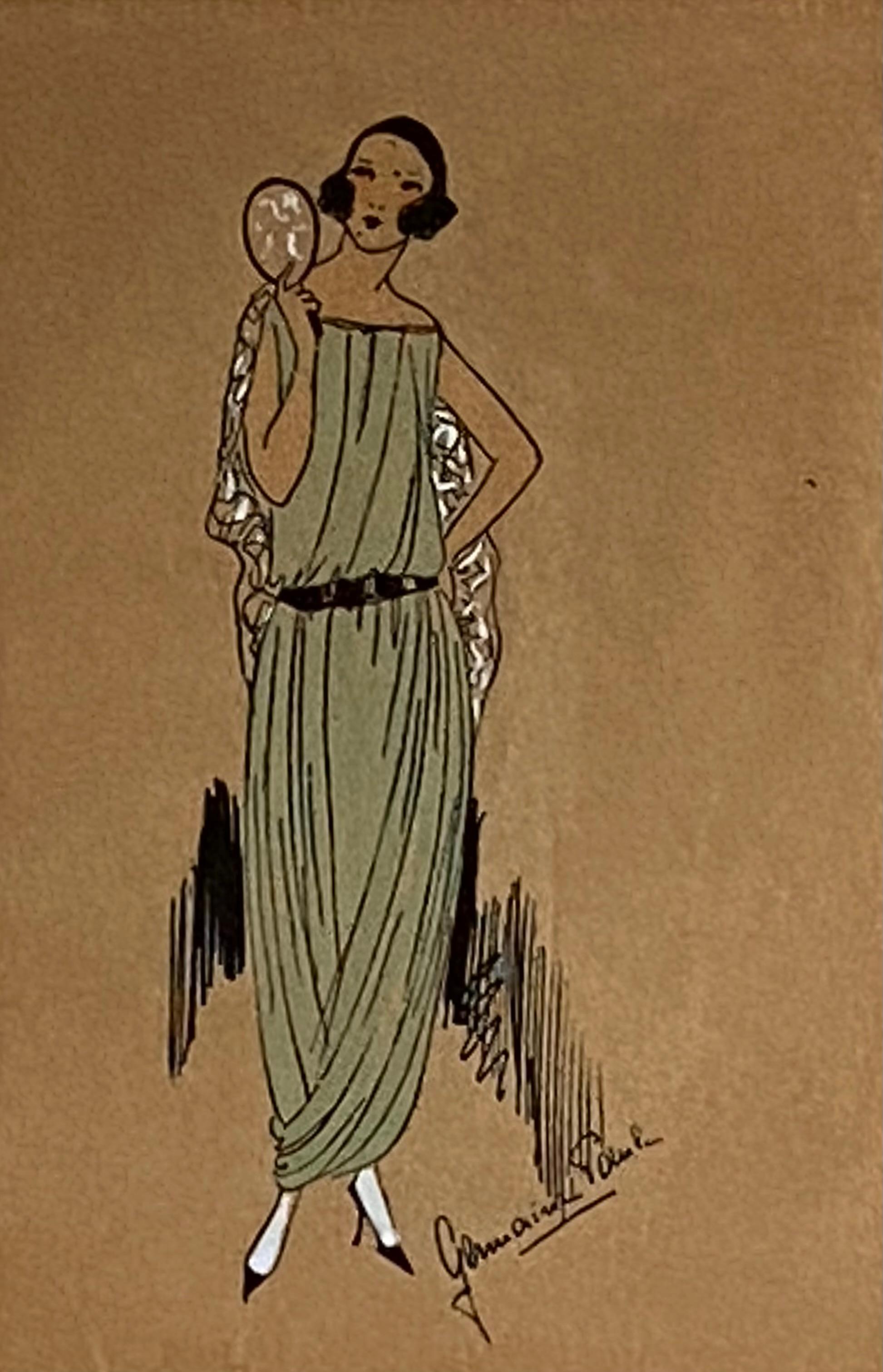 Original fashion illustration for Tres Parisien, December, 1921
Moroccan Crepe Dress by Germaine-Paule Joumard, Fashion Art Deco Pochoir on Chinese Paper.  Artwork size is 7.5 by 5 inches. Signed Germaine Paule lower right. Illustration size is 10
