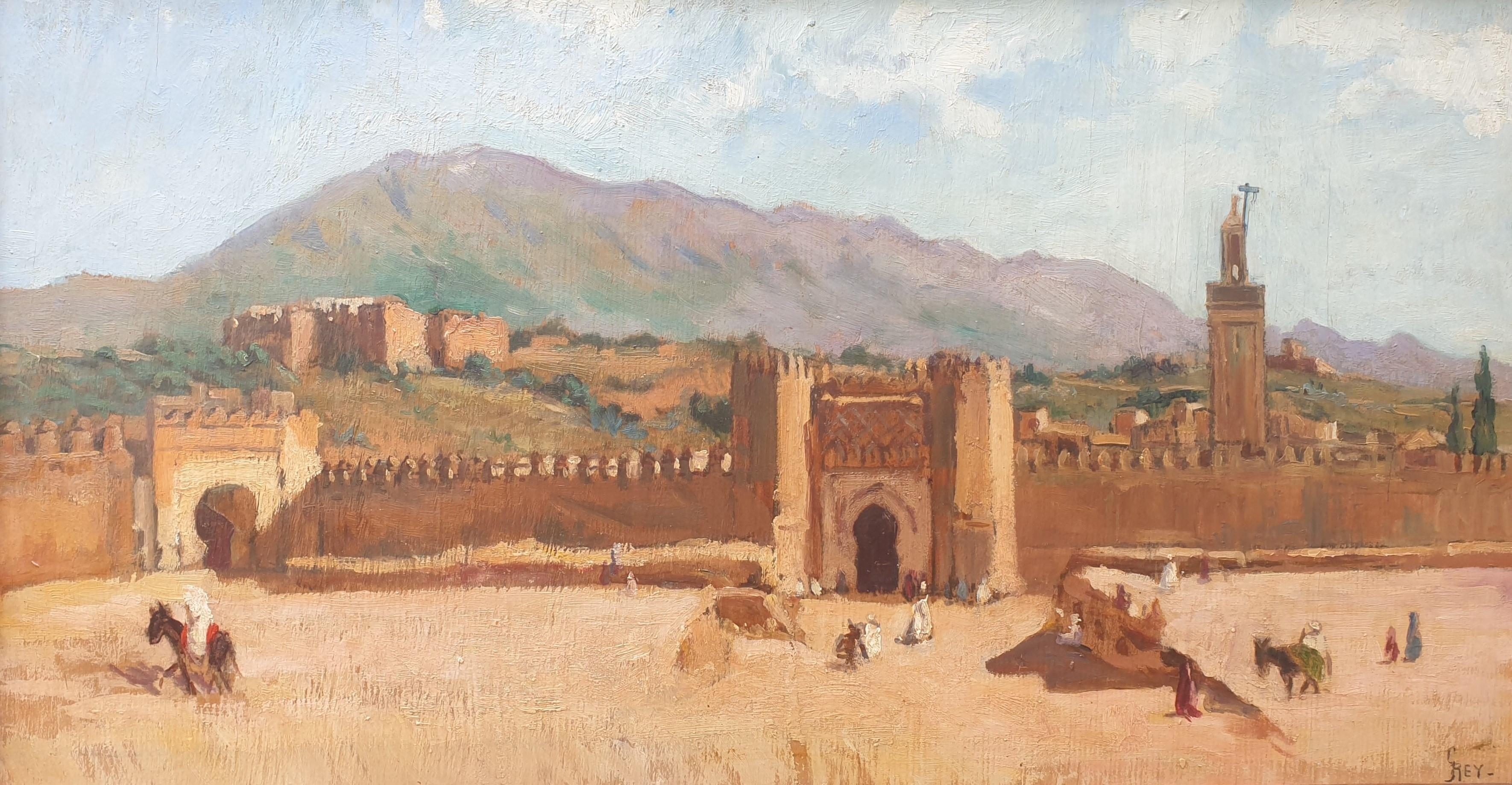 Pittura orientalista REY con PONTOY Marocco Fez Boujloud piazza Bab Gate - Painting di Germaine REY