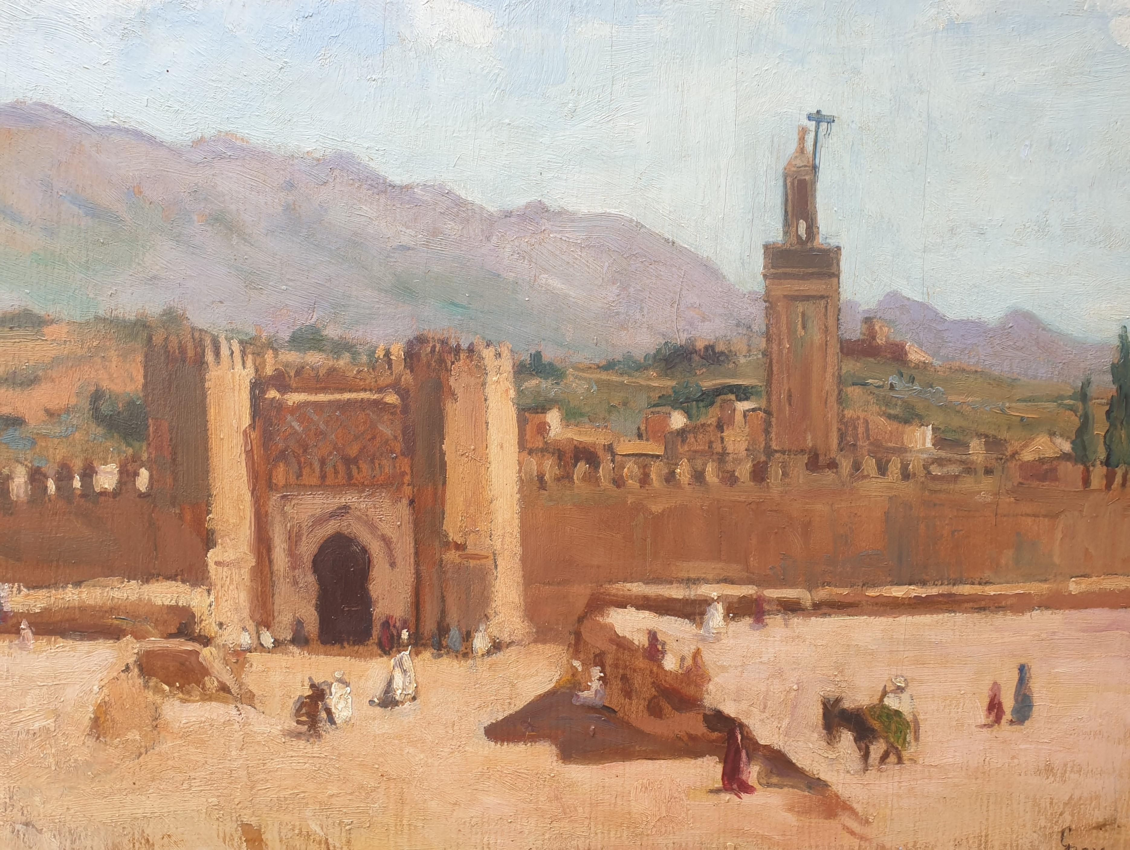 Germaine REY
(20th century)

Oil on panel
35.5 x 66 cm (53 x 83.5 cm with frame)
Signed lower right “GRey” and dated on the reverse “1933”
Inscription on the back “Bab Delkaken Gate in Fez painted by Germaine Rey in the company of Henri Pontoy”
Very