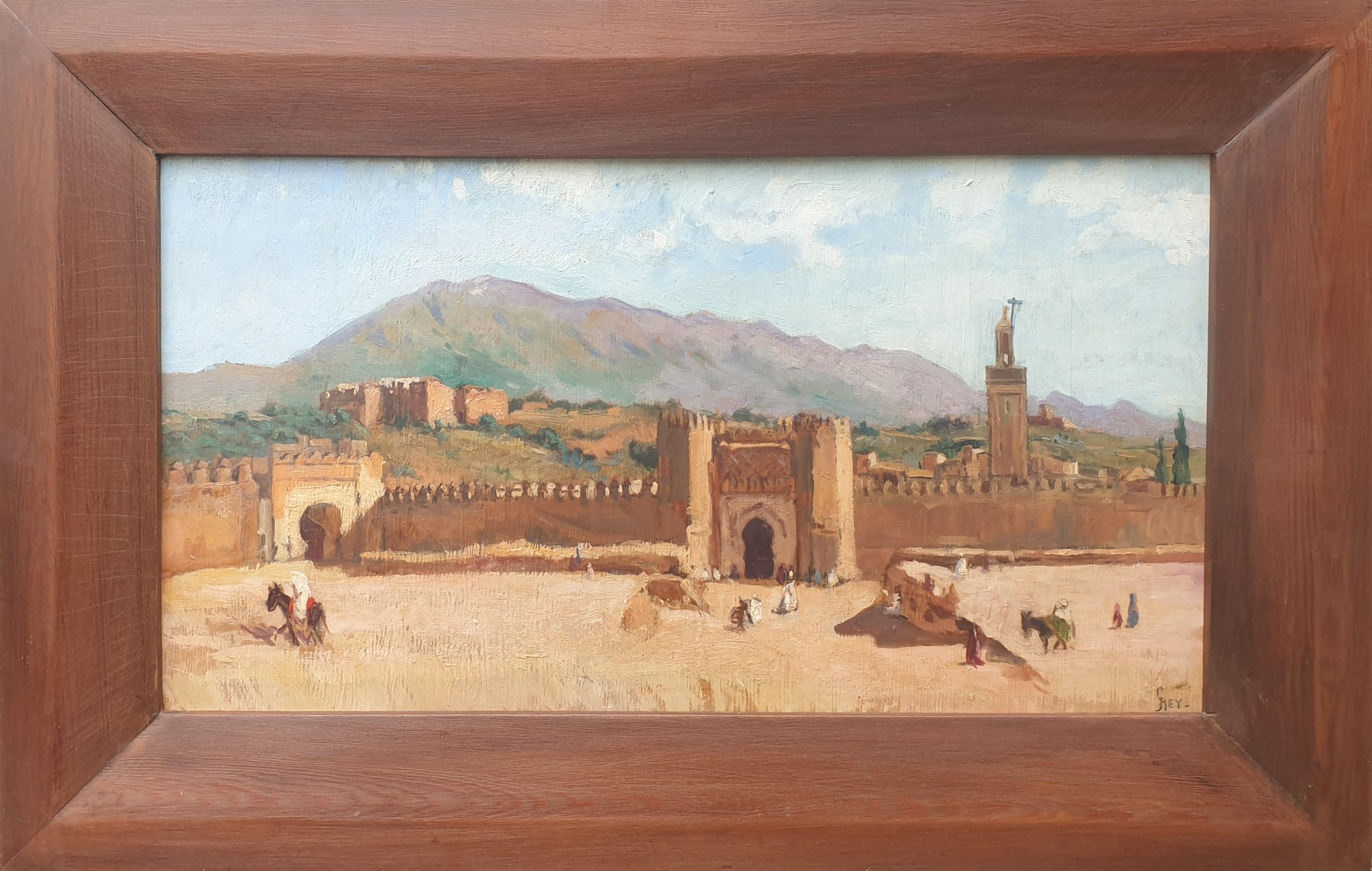 Germaine REY Landscape Painting - Painting orientalist REY with PONTOY Marocco Fez Boujloud square Bab Gate 