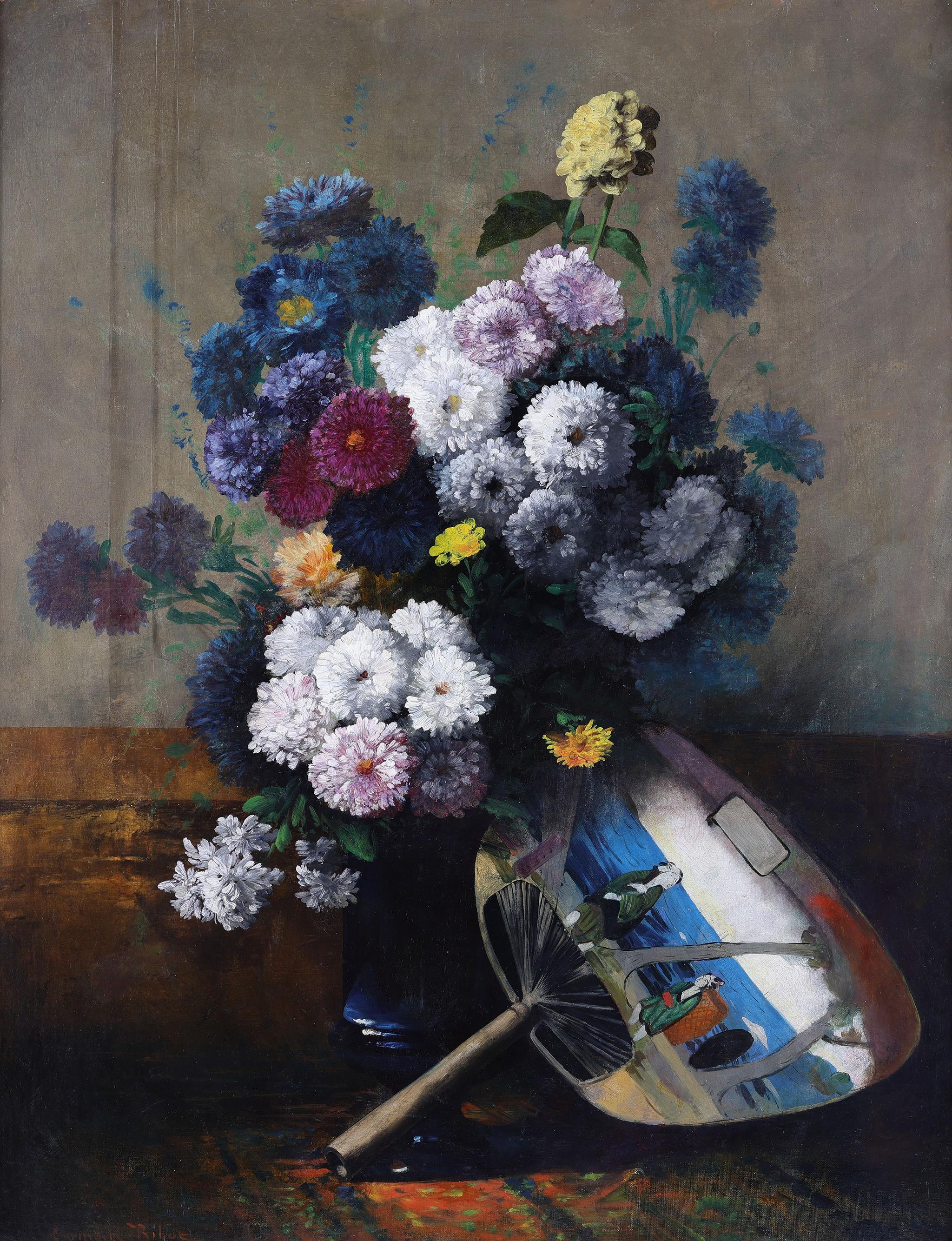 A Still Life of Flowers with a Japanese Fan - Painting by Germaine Ribot