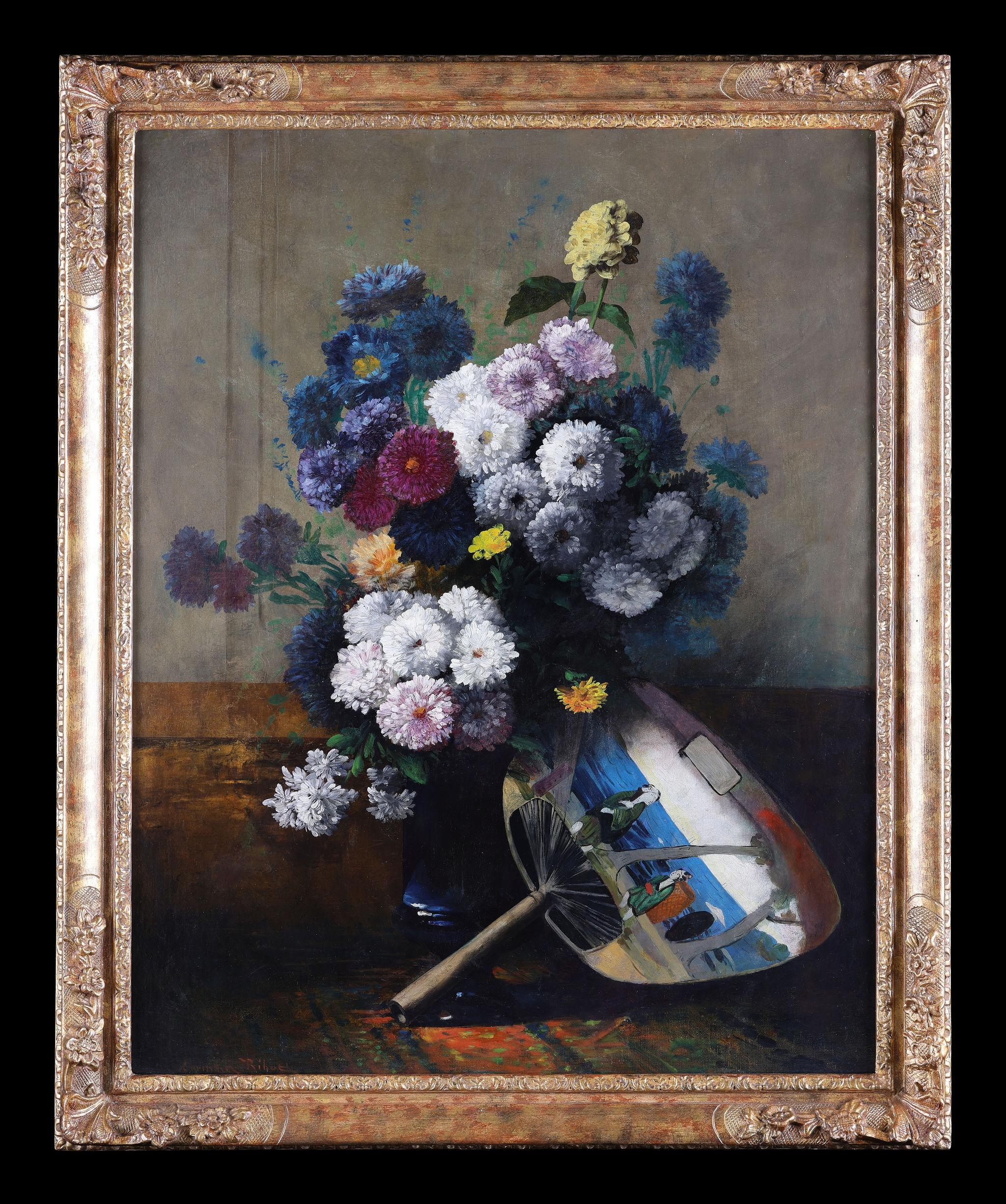 Germaine Ribot Still-Life Painting - A Still Life of Flowers with a Japanese Fan