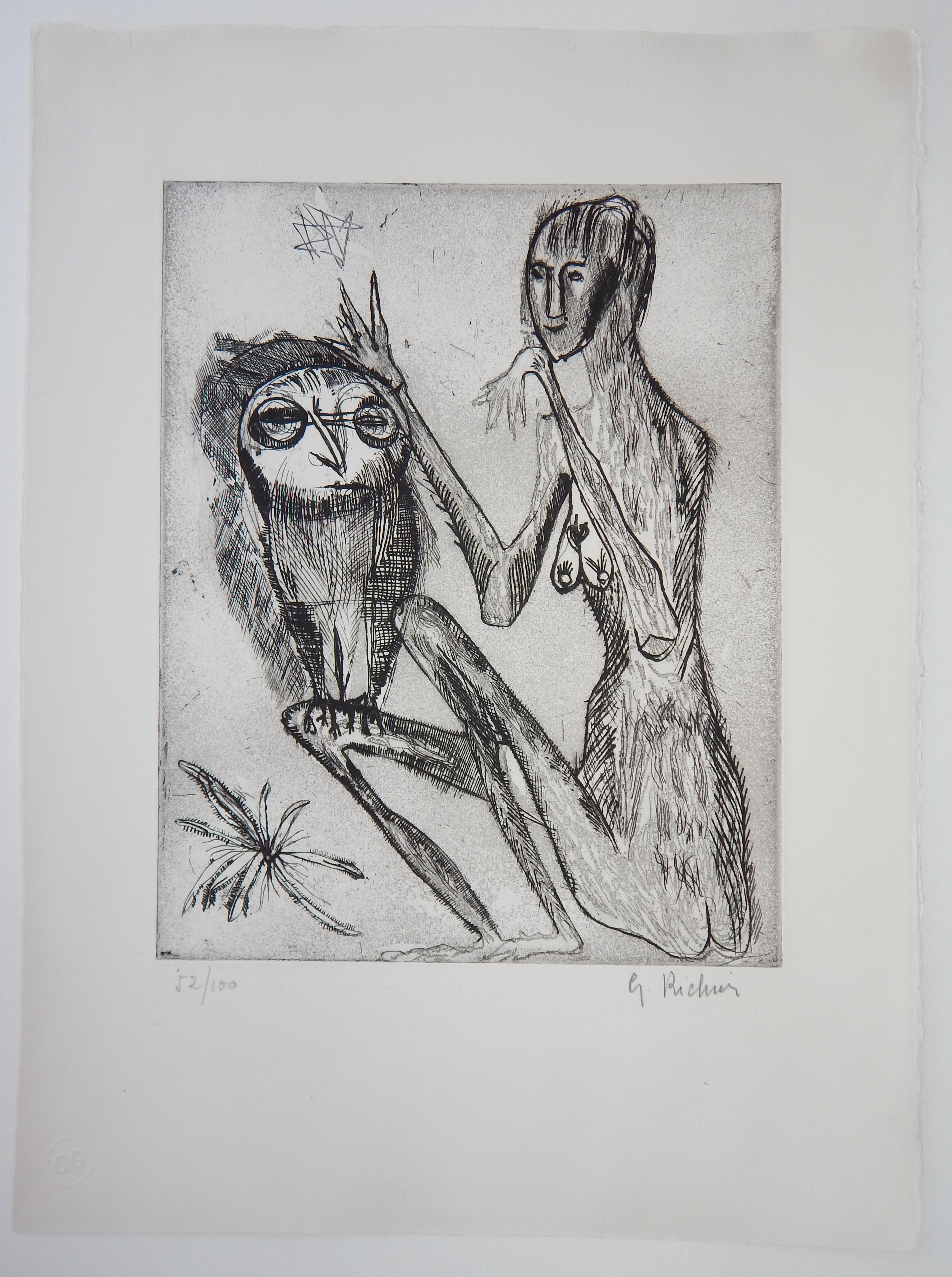 Germaine Richier (1902-1959) etching
Richier was a French artist noted for making animal and insect figures
with human attributes.
Etching, figure and owl, circa 1950.
Unframed, matted archivally in a two ply museum mat.
Pencil signed lower