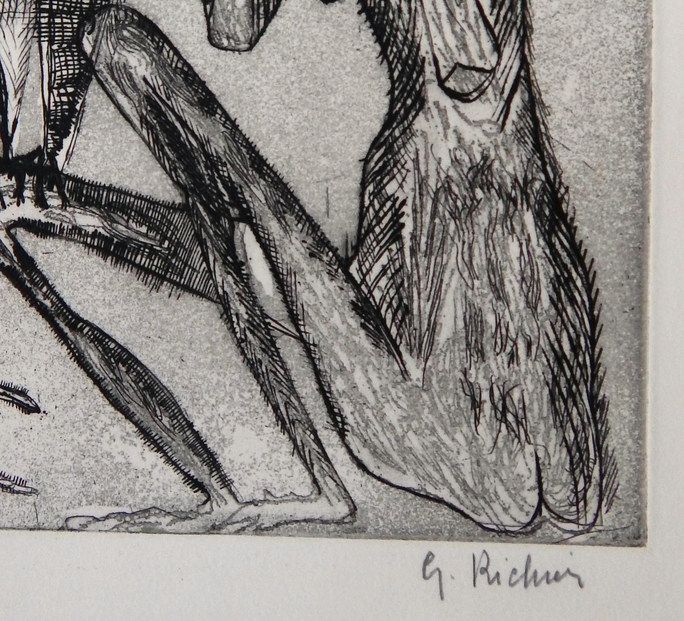 Original-Radierung des französischen Künstlers Germaine Richier, Figur mit Eule (20. Jahrhundert) im Angebot
