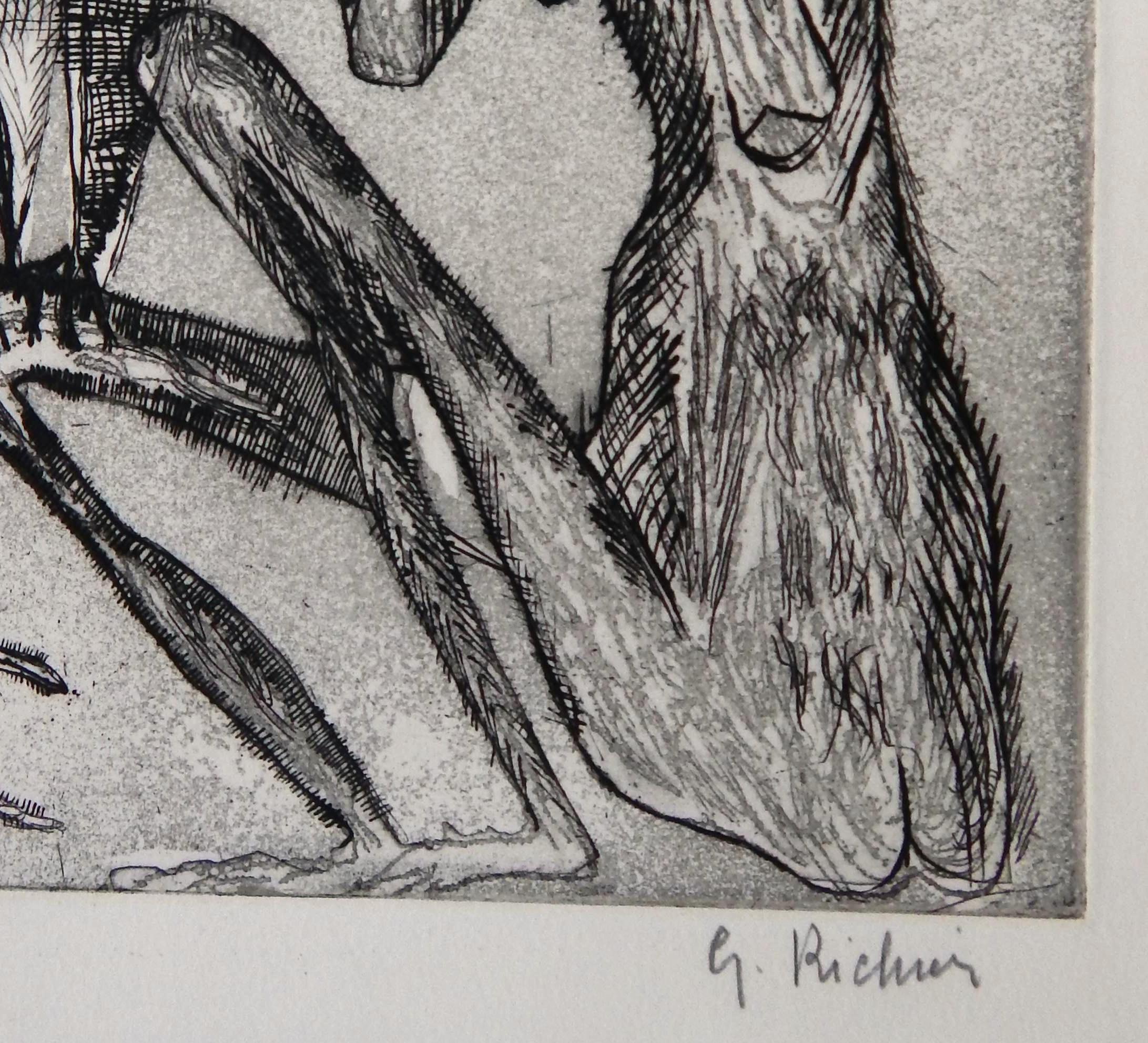 Germaine Richier Artista francesa Grabado original, Figura con búho en venta 4