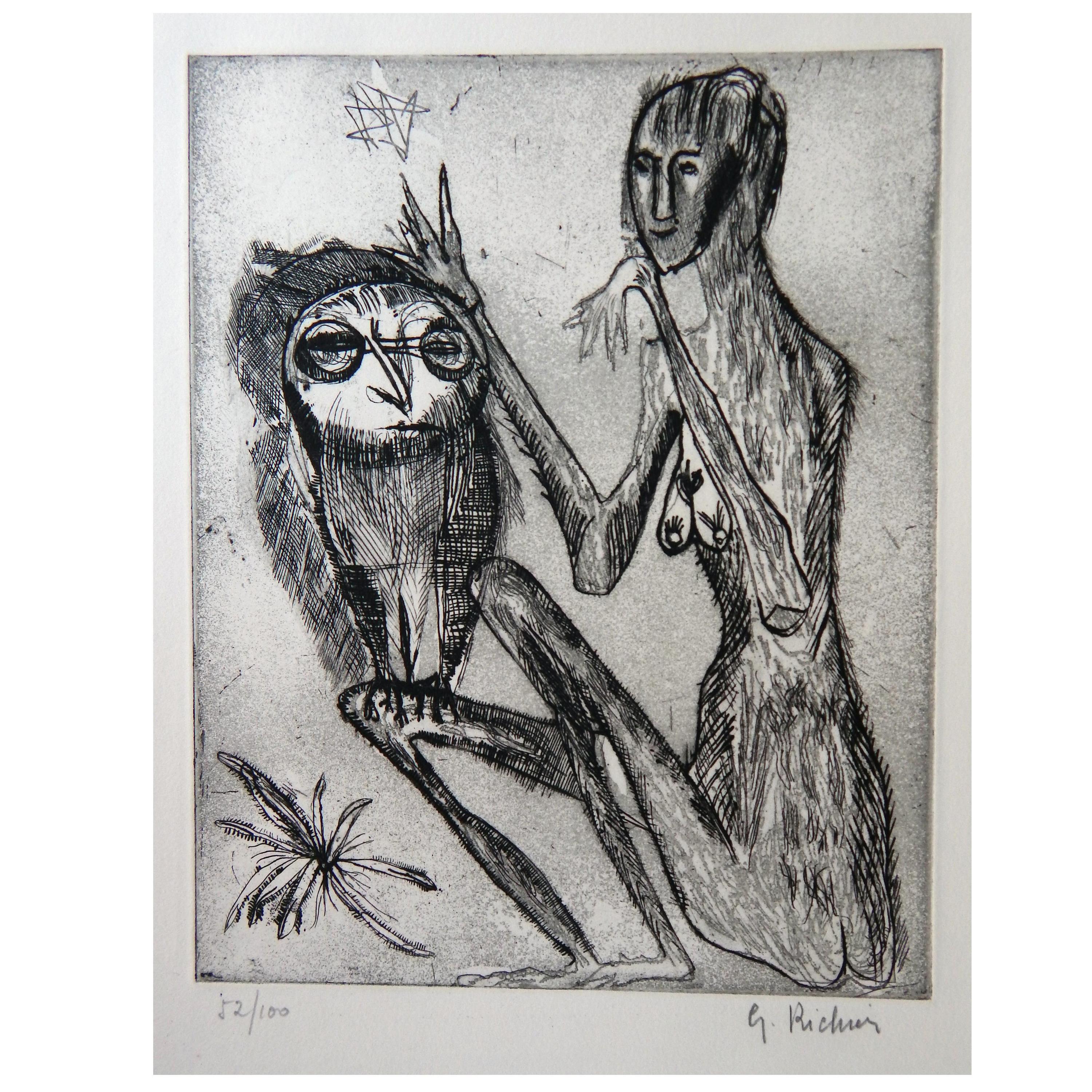 Germaine Richier (1902-1959) aguafuerte
Richier fue un artista francés conocido por realizar figuras de animales e insectos
con atributos humanos.
Aguafuerte, figura y búho, hacia 1950.
Sin enmarcar, con paspartú de museo de dos capas.
Firmado a