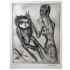 Germaine Richier Artista francese Acquaforte originale, Figura con gufo