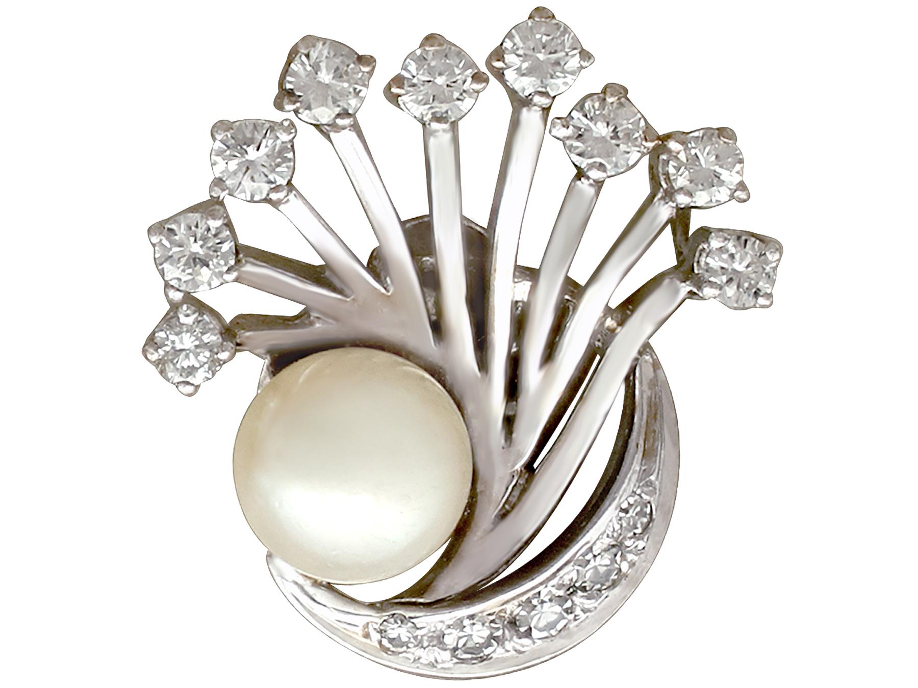 A fine and impressive pair of 1.20 carat diamond and cultured pearl, 14 karat white gold clip on earrings; part of our diverse vintage jewellery and estate jewelry collections

These fine and impressive clip on pearl earrings have bee crafted in 14k