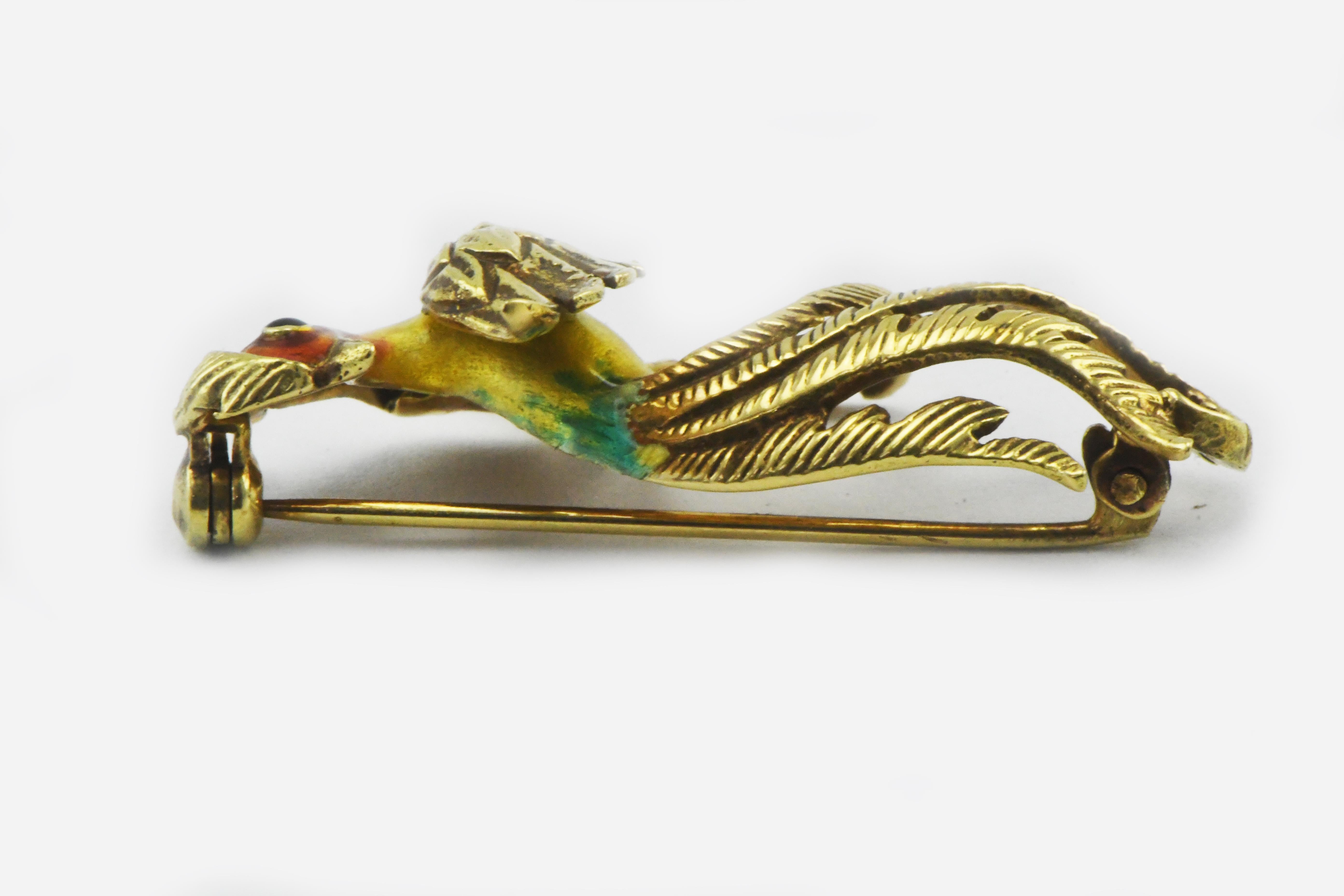 Retro German 14 Karat Gold Enameled Bird of Paradise Pin Brooch For Sale