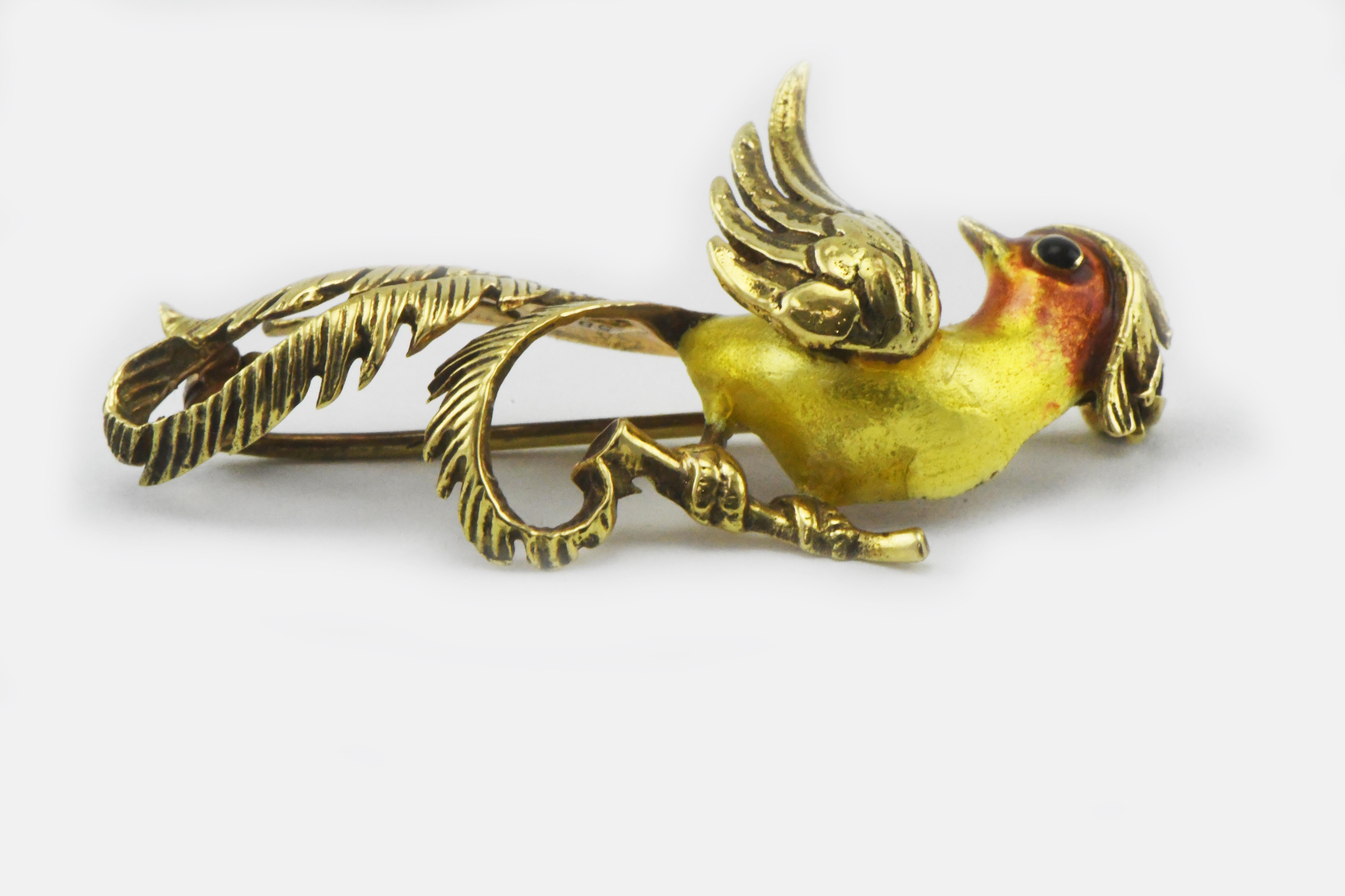 Round Cut German 14 Karat Gold Enameled Bird of Paradise Pin Brooch For Sale