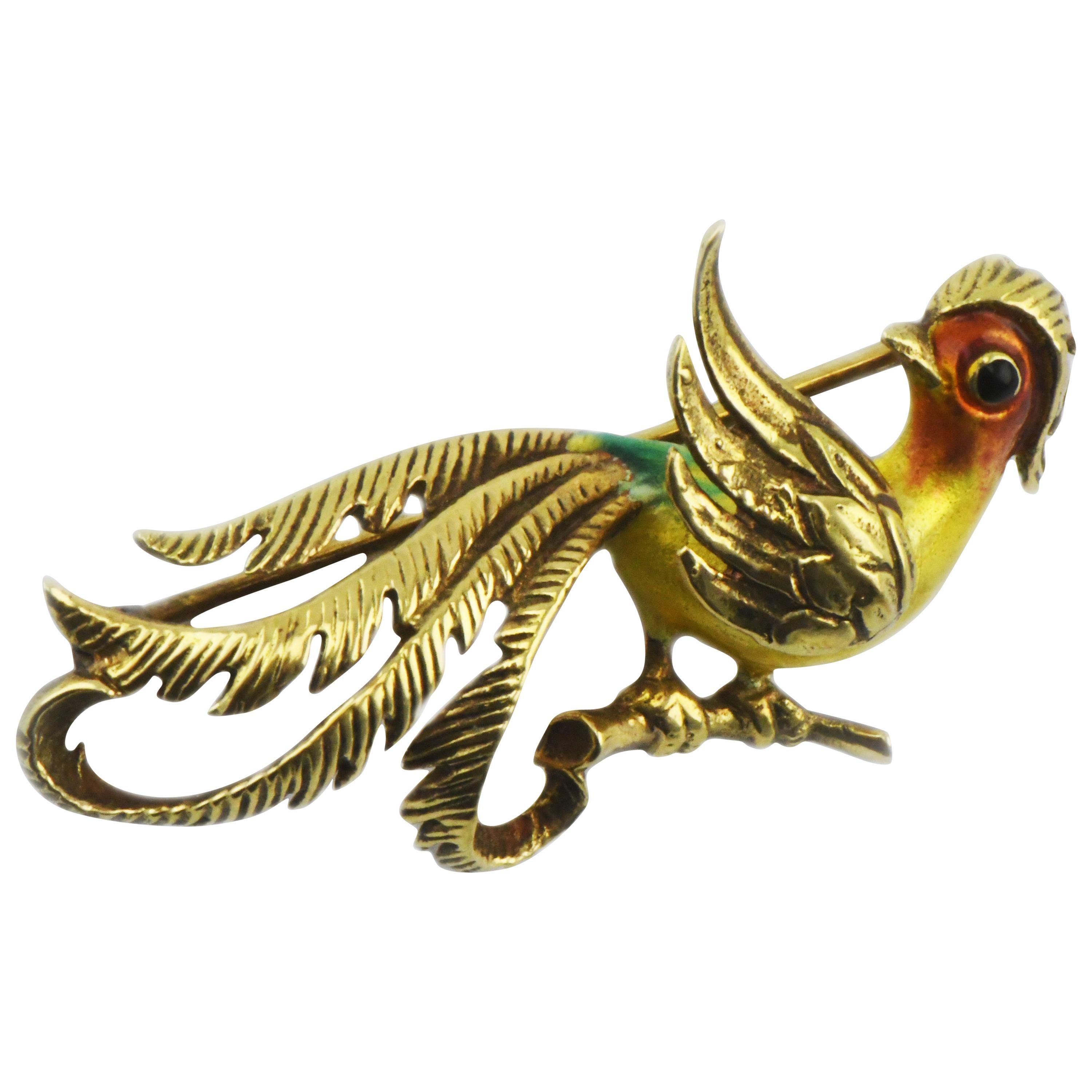 German 14 Karat Gold Enameled Bird of Paradise Pin Brooch For Sale