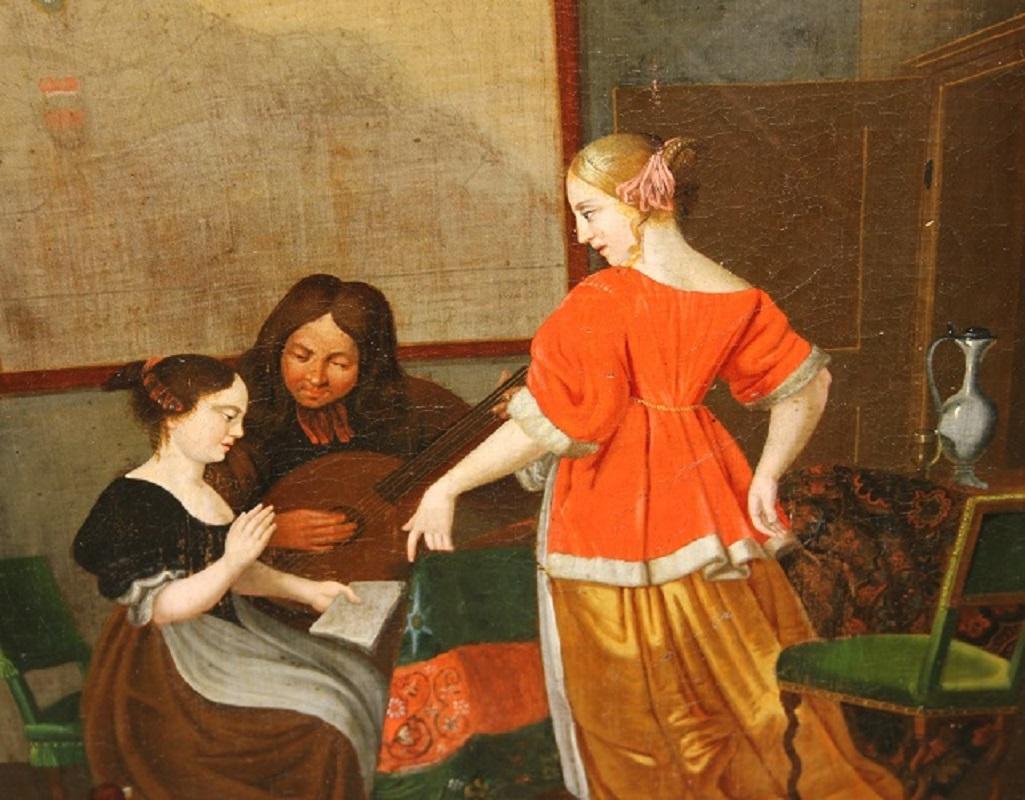 Oiled German 17th-century oil on canvas depicting a Music Lesson For Sale