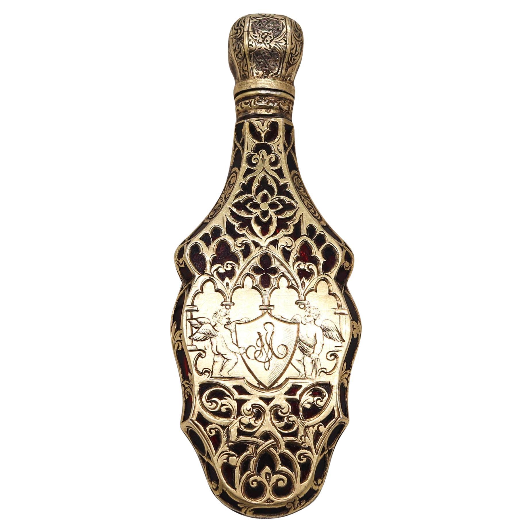 ALLEMAGNE 1800 Fabuleux flacon de parfum en verre rouge monté en vermeil .850 Sterling