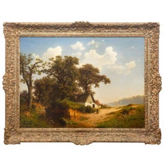 German 1884 Landscape Painting of “Dutch Homestead” by Joseph Jansen