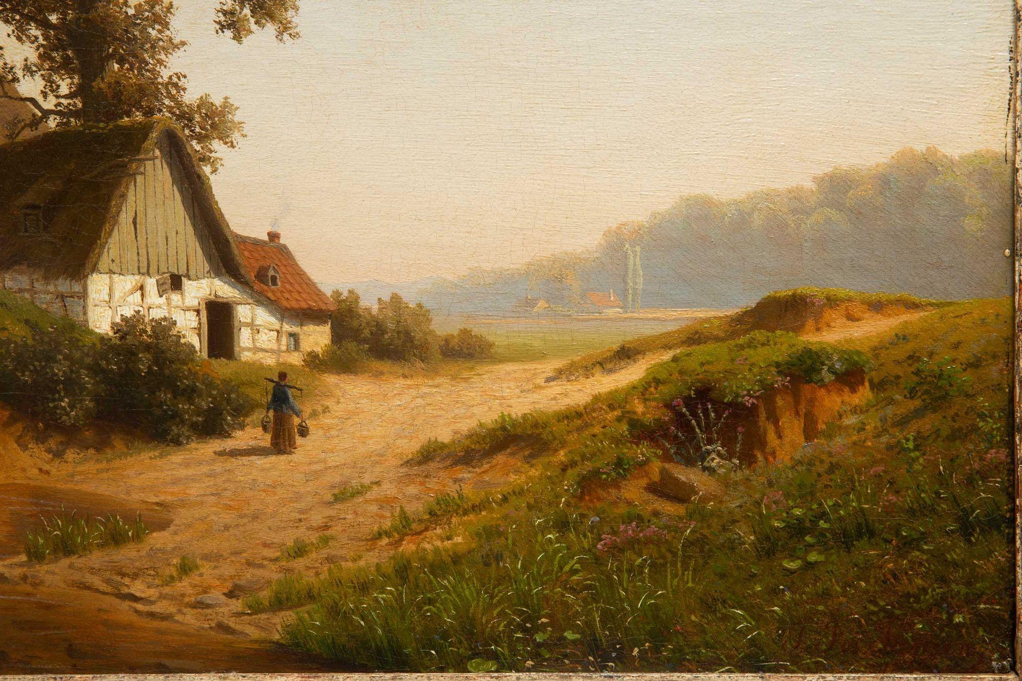 19th Century German 1884 Landscape Painting of “Dutch Homestead” by Joseph Jansen For Sale