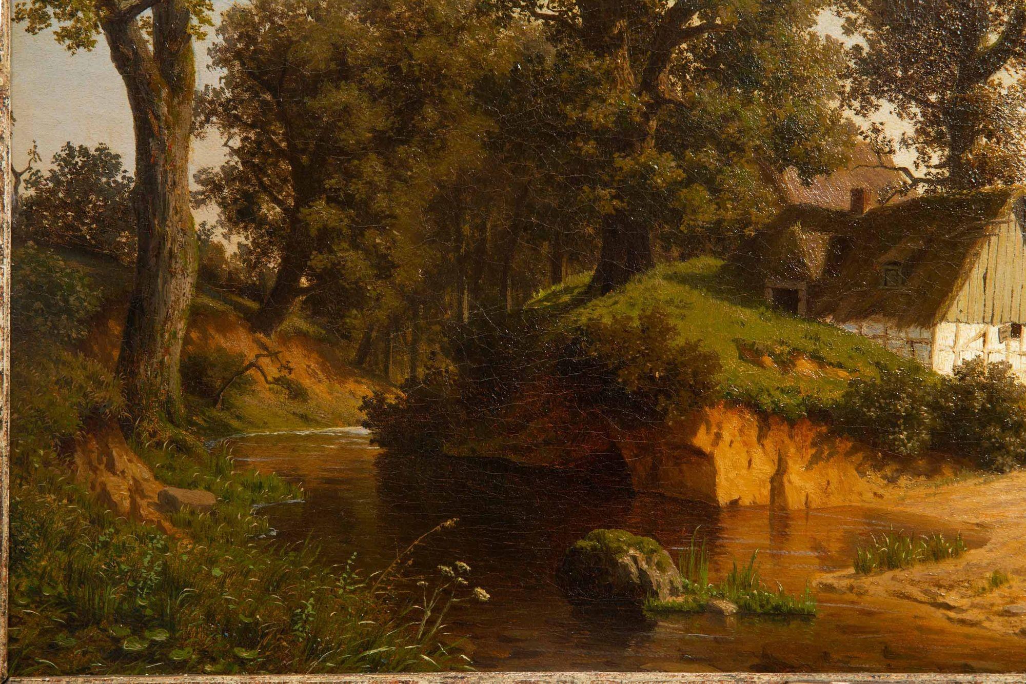 Canvas German 1884 Landscape Painting of “Dutch Homestead” by Joseph Jansen For Sale