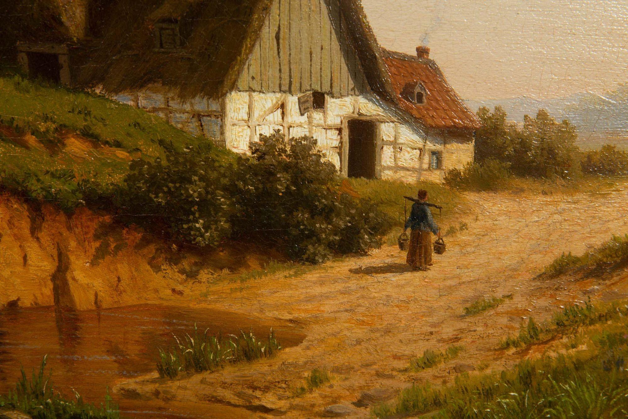 German 1884 Landscape Painting of “Dutch Homestead” by Joseph Jansen For Sale 1