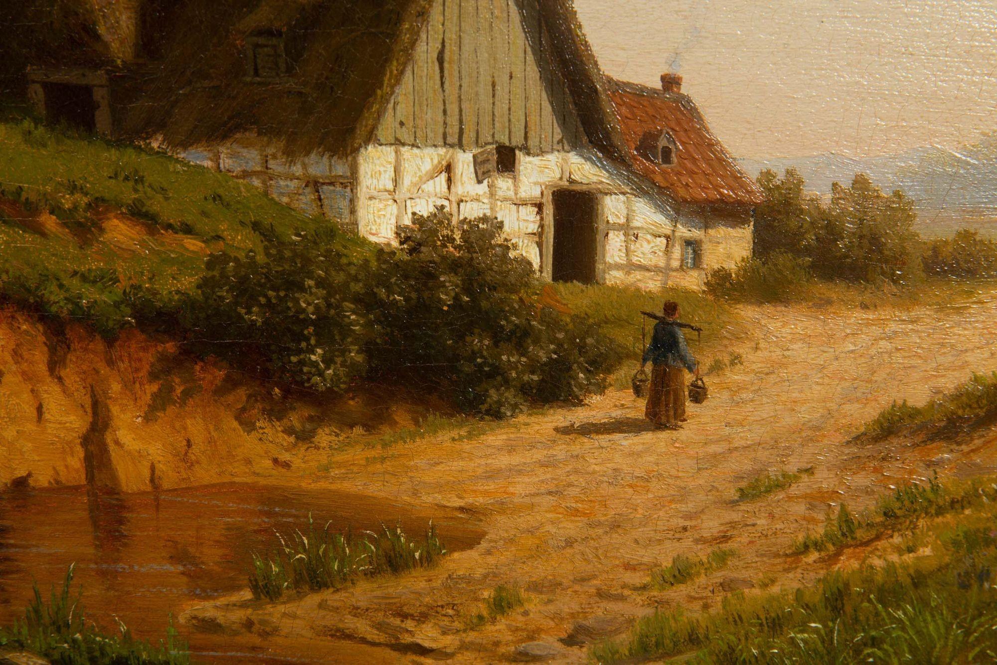 Canvas German 1884 Landscape Painting of “Dutch Homestead” by Joseph Jansen For Sale