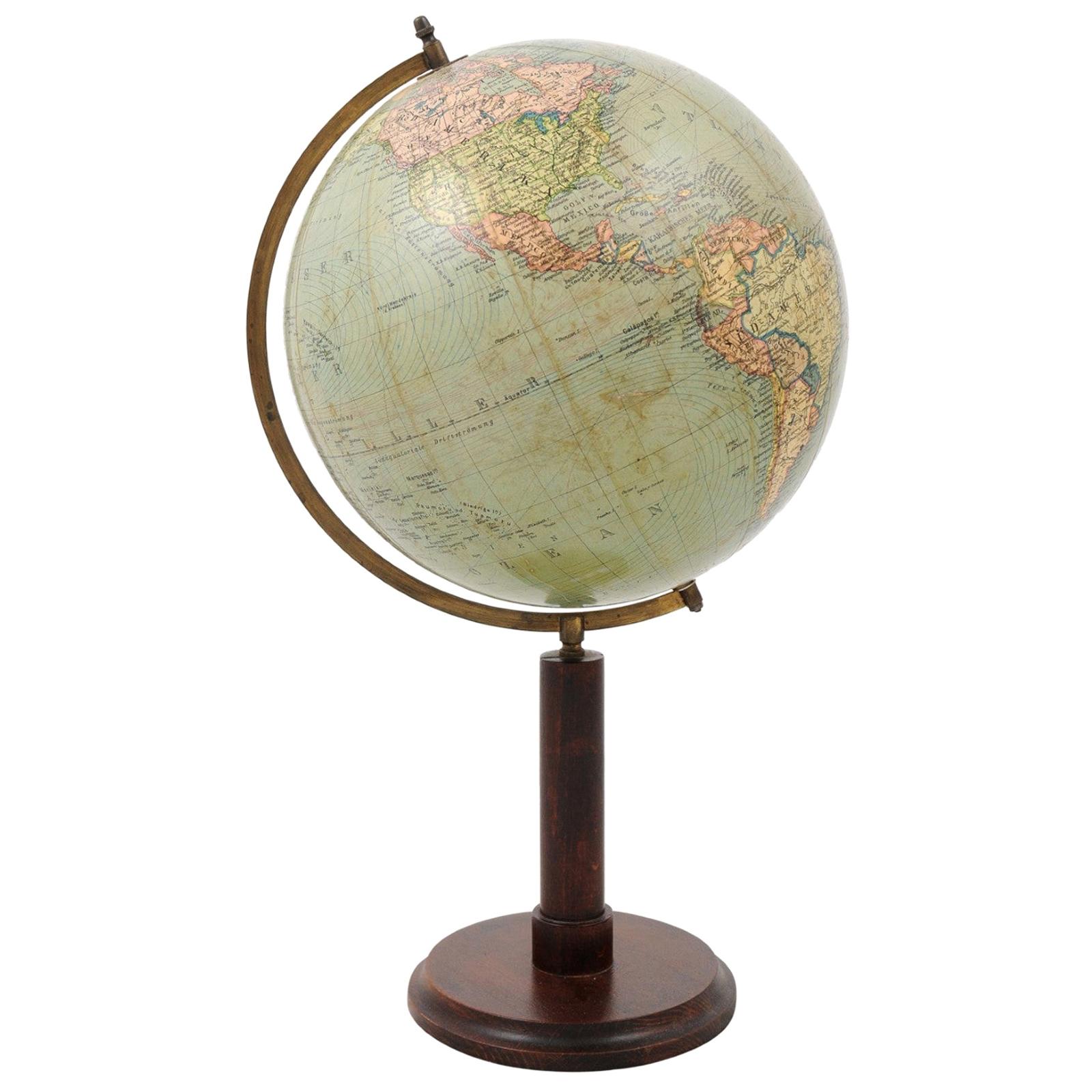 German 1890s Columbus Volksglobus Terrestrial Globe with Circular Wooden Base