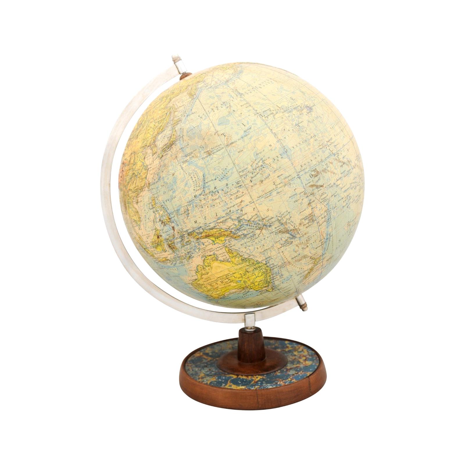 German 1890s Terrestrial Globe on Wooden Base Signed Professor Dr. Arthur Krause