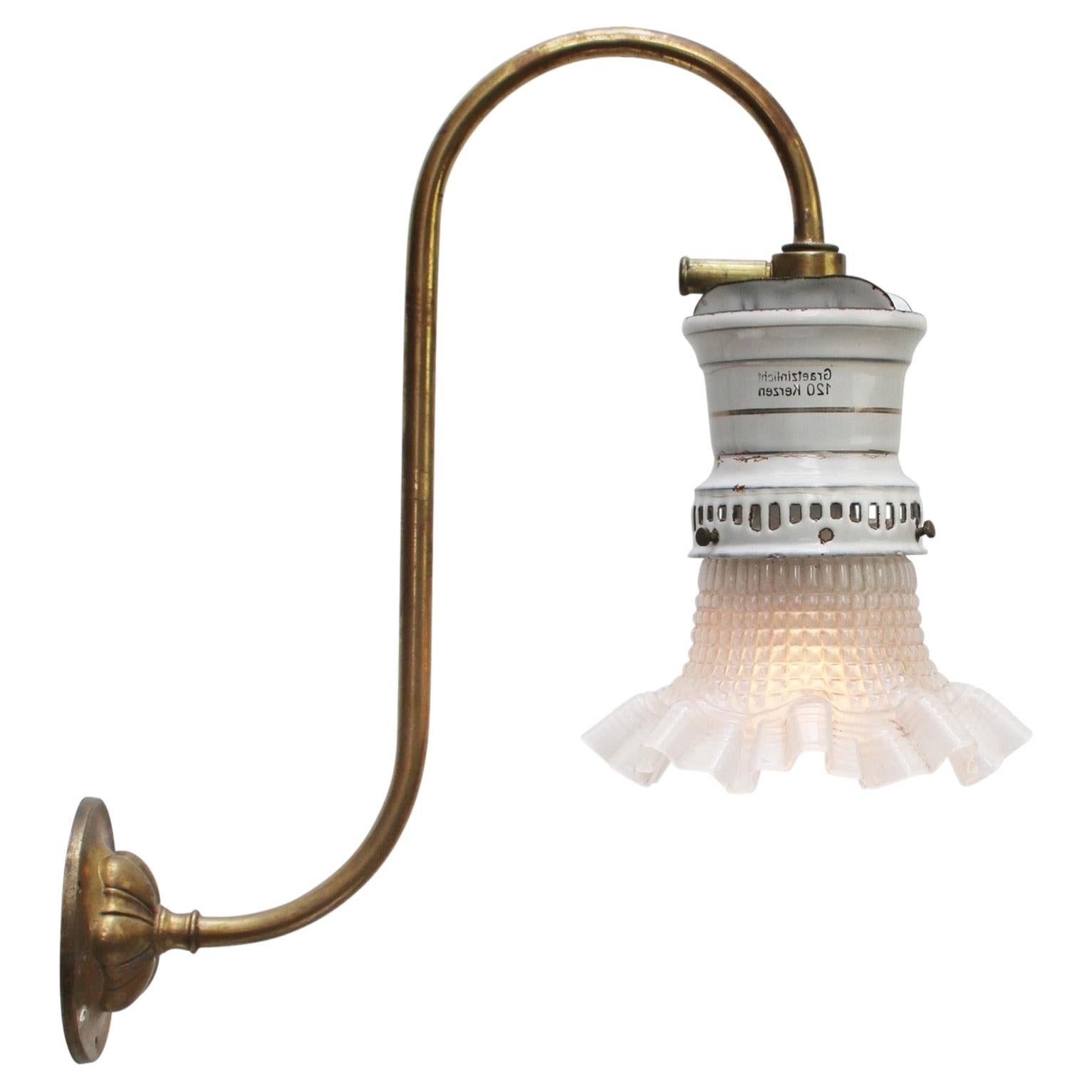 German 1900s Frosted Glass Brass & Enamel Converted Gas Wall Lamp For Sale
