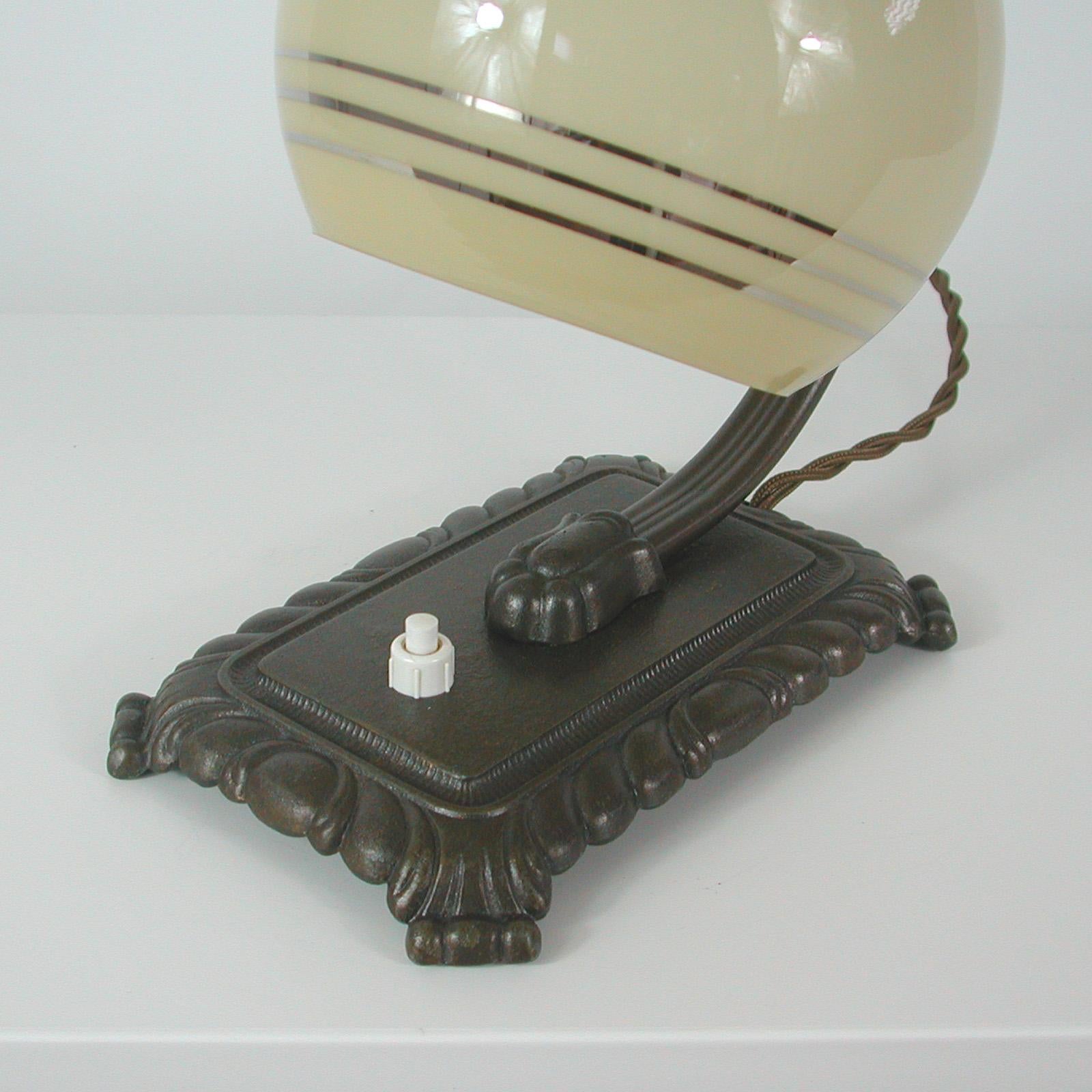 German 1920s Art Deco Bronze and Opaline Table Lamp 5