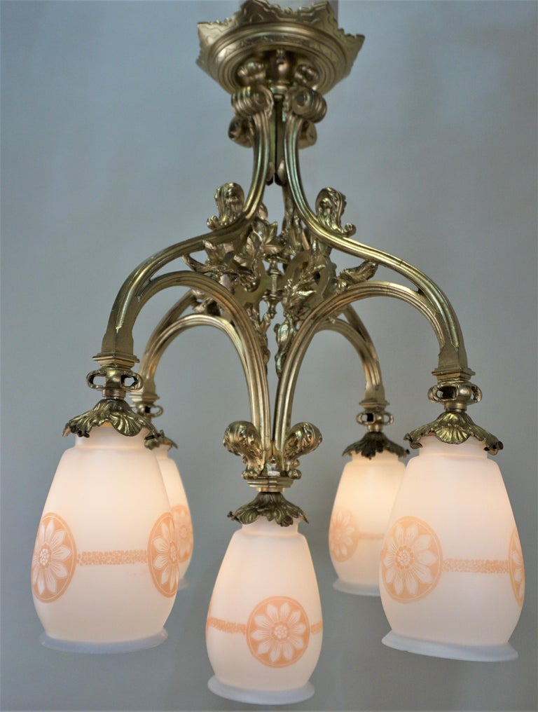 German 1920s Bronze and Etched Glass Chandelier In Good Condition For Sale In Fairfax, VA