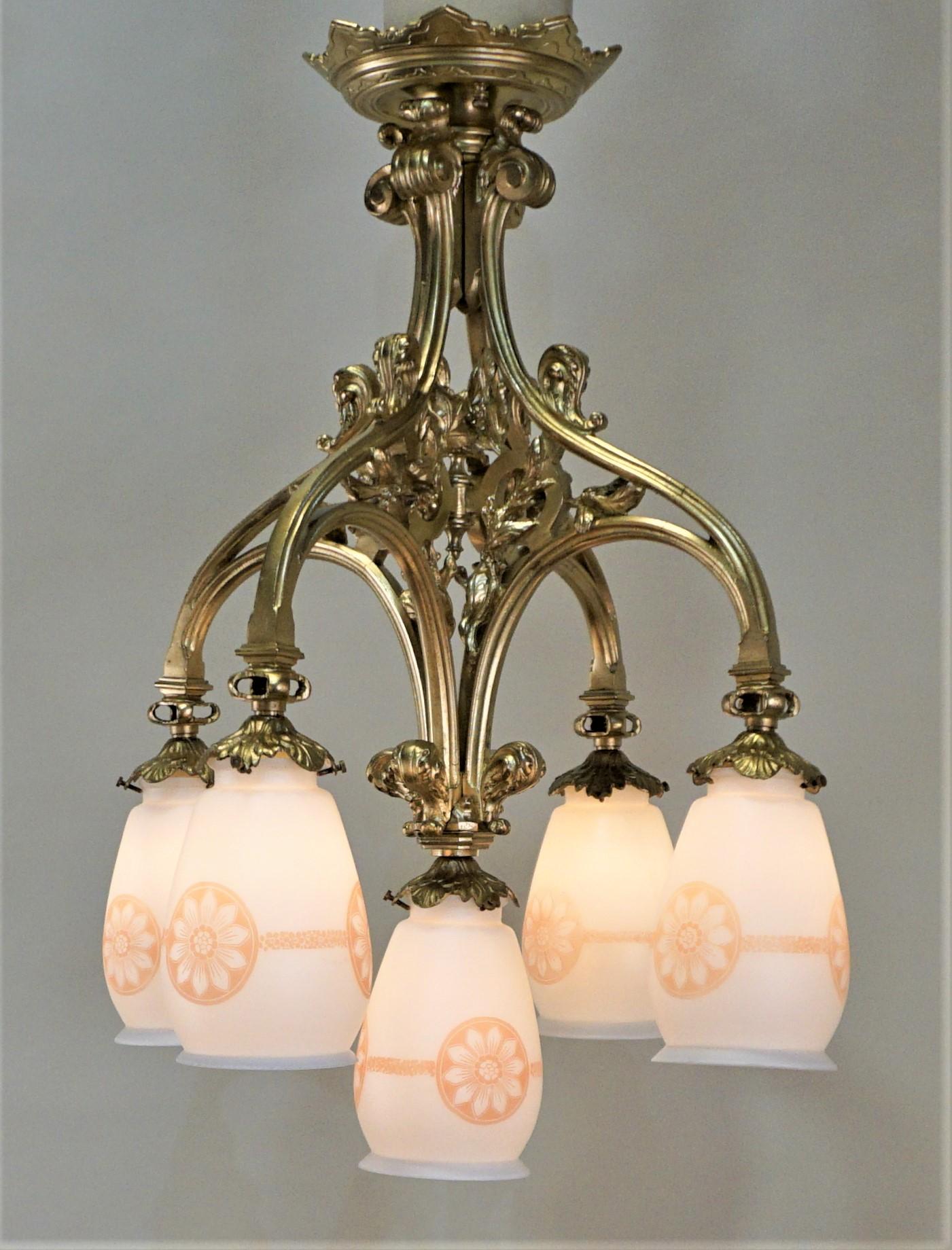 German 1920s Bronze and Etched Glass Chandelier 2
