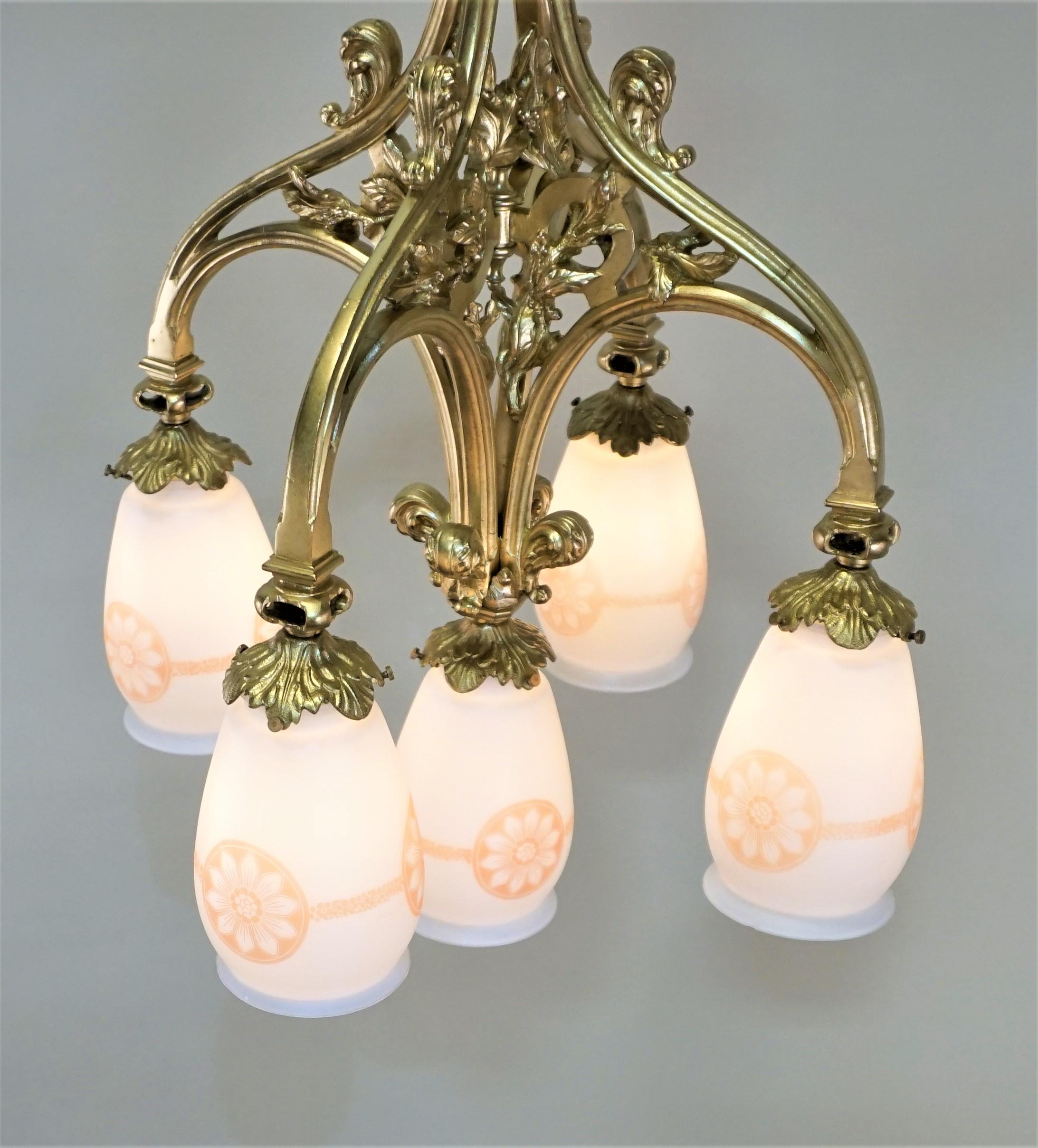 Early 20th Century German 1920s Bronze and Etched Glass Chandelier