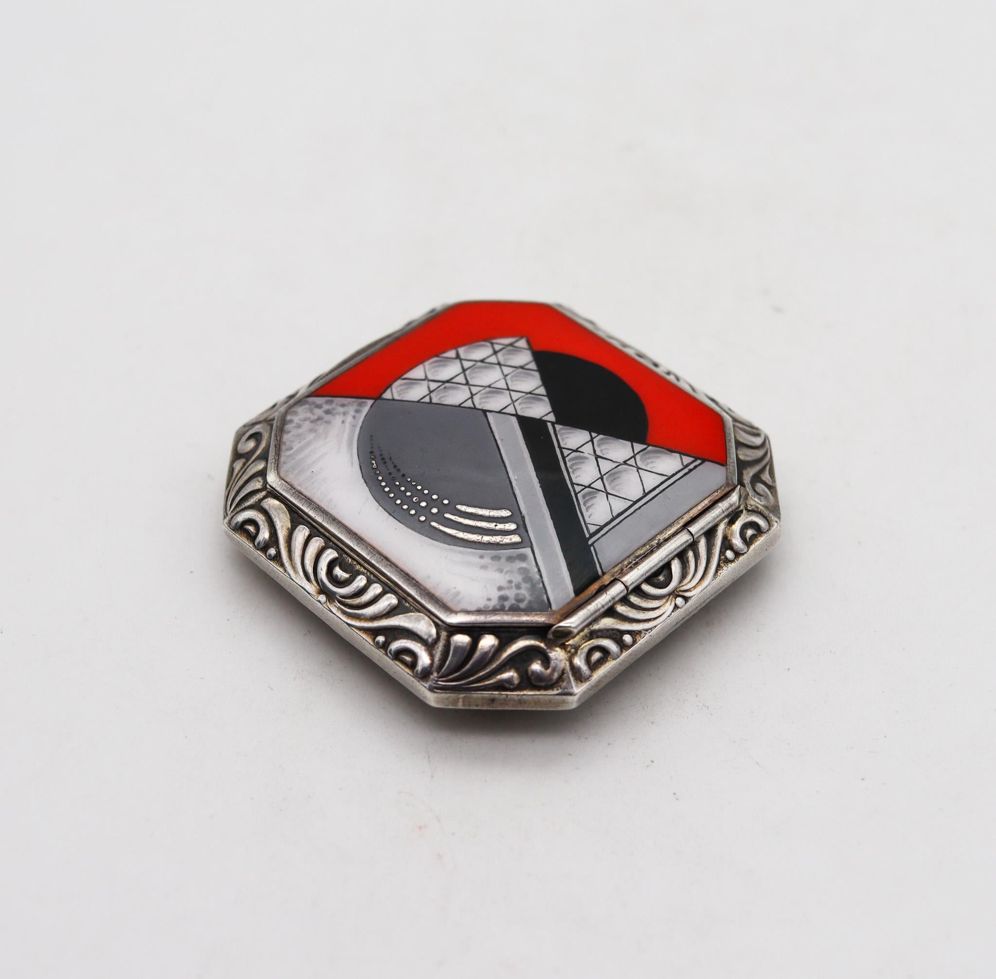 Enameled German 1923 Bauhaus Geometric Enamel And Guilloche Pill Box In .925 Sterling For Sale