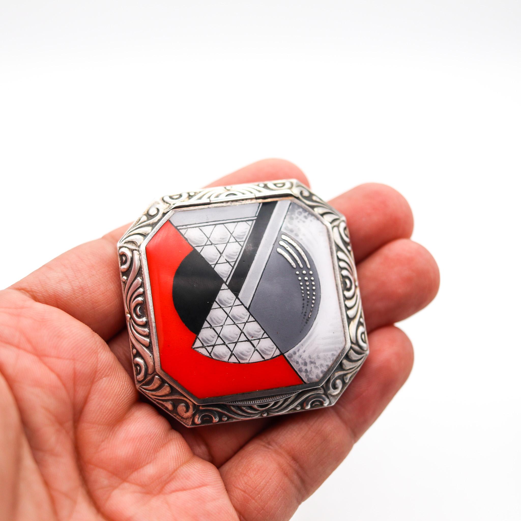 Silver German 1923 Bauhaus Geometric Enamel And Guilloche Pill Box In .925 Sterling For Sale