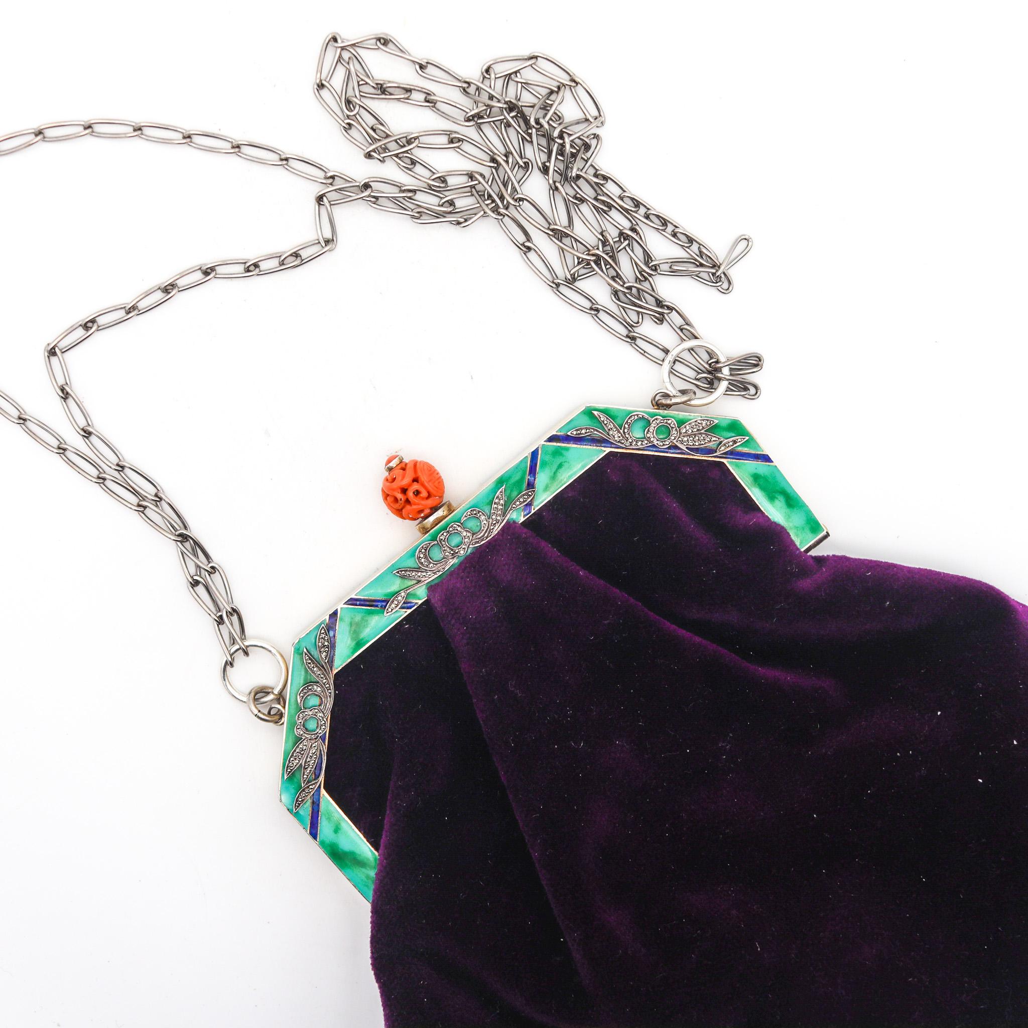 Early 20th Century German 1925 Art Deco Enameled Gala Purse Bag In .935 Sterling With Gemstones