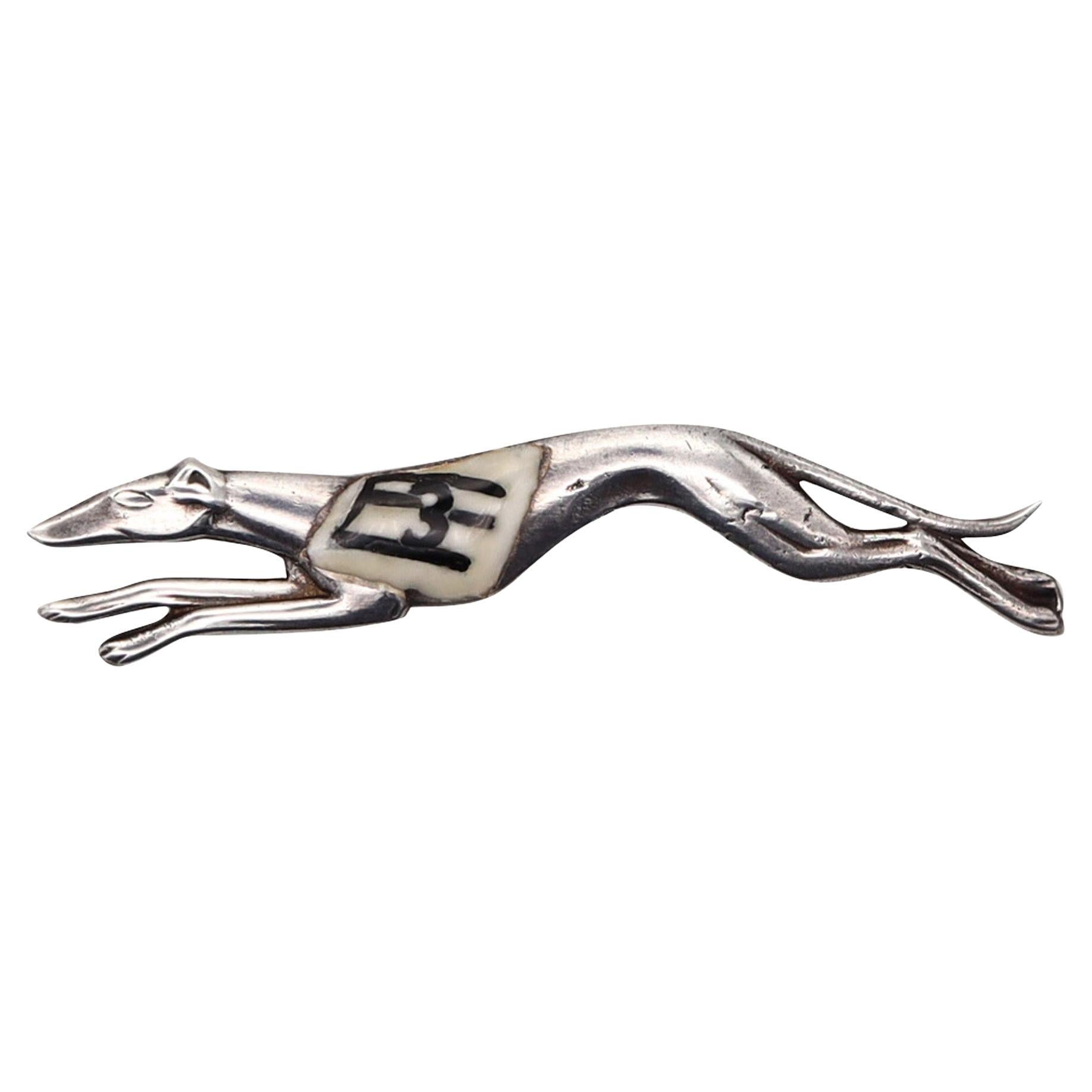 German 1925 Art Deco Enameled No-3 Greyhound Dog Pin Brooch In Sterling Silver For Sale