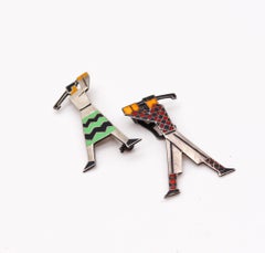 German 1925 Art Deco Golfers Couple Enamelled Pin Brooches in Sterling Silver