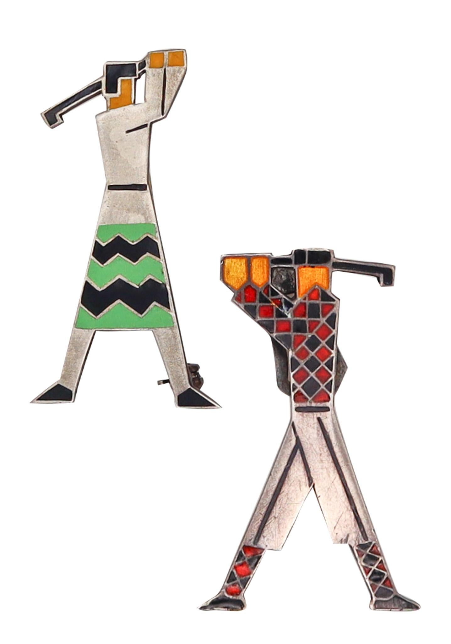 German 1925 Art Deco Golfers Couple Enamelled Pin Brooches in Sterling Silver