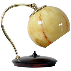 German 1930s Brass, Wood and Marbled Glass Table Lamp, Bauhaus Art Deco Period
