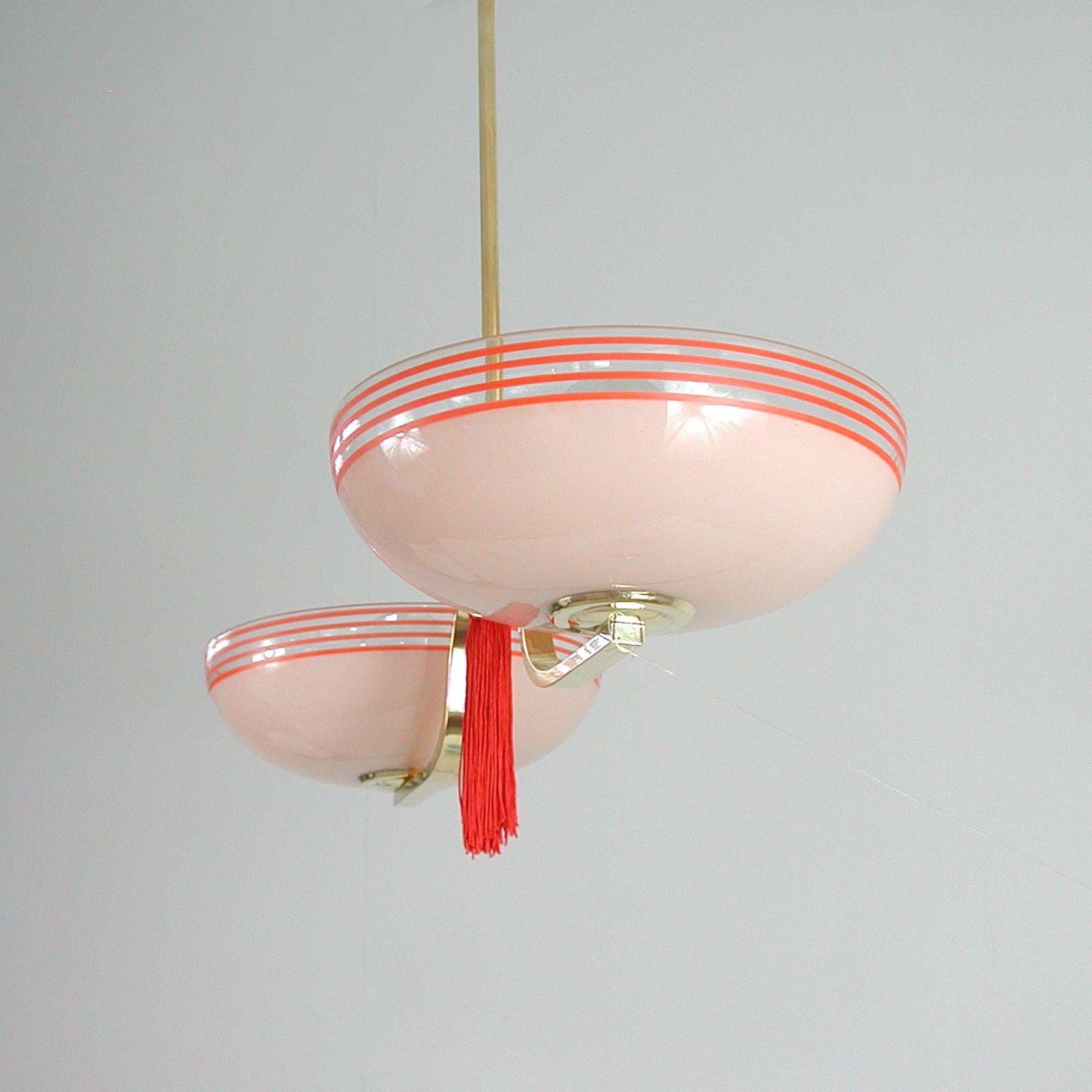 German 1930s Pale Pink and Red Chandelier 4
