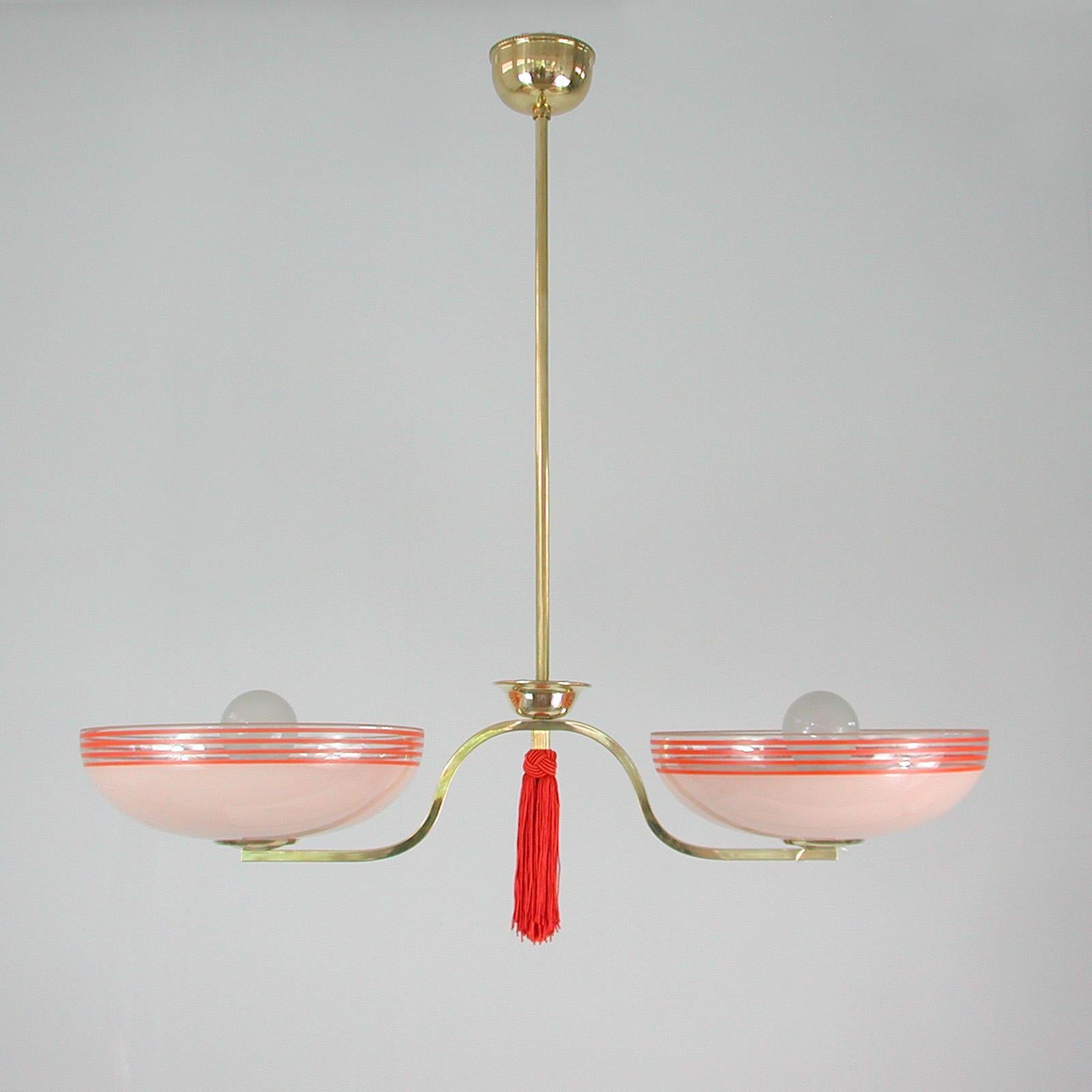 Art Deco German 1930s Pale Pink and Red Chandelier